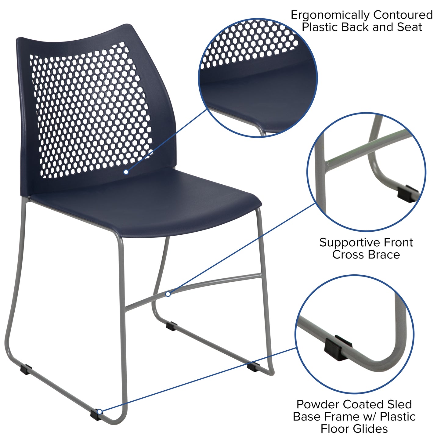 HERCULES Series 661 lb. Capacity Navy Stack Chair with Air-Vent Back and Gray Powder Coated Sled Base Navy