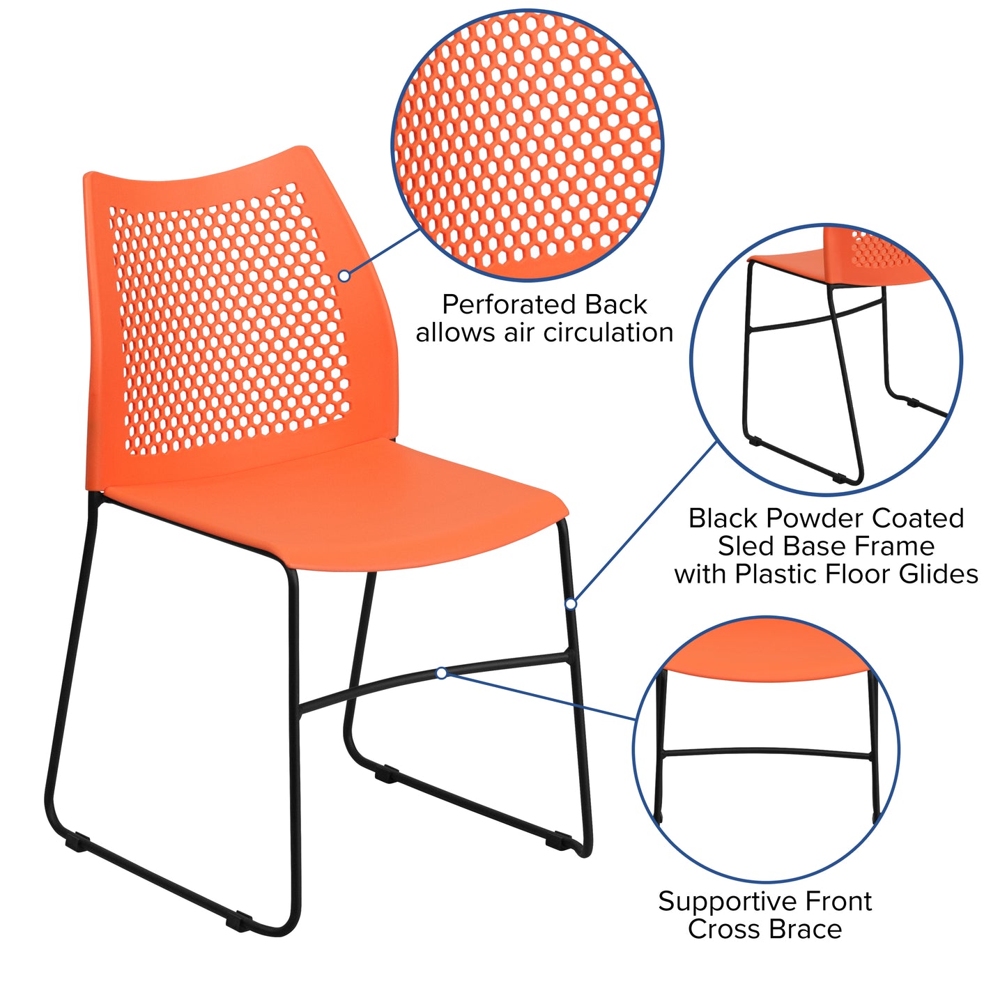 HERCULES Series 661 lb. Capacity Orange Stack Chair with Air-Vent Back and Black Powder Coated Sled Base Orange