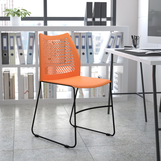 HERCULES Series 661 lb. Capacity Orange Stack Chair with Air-Vent Back and Black Powder Coated Sled Base Orange