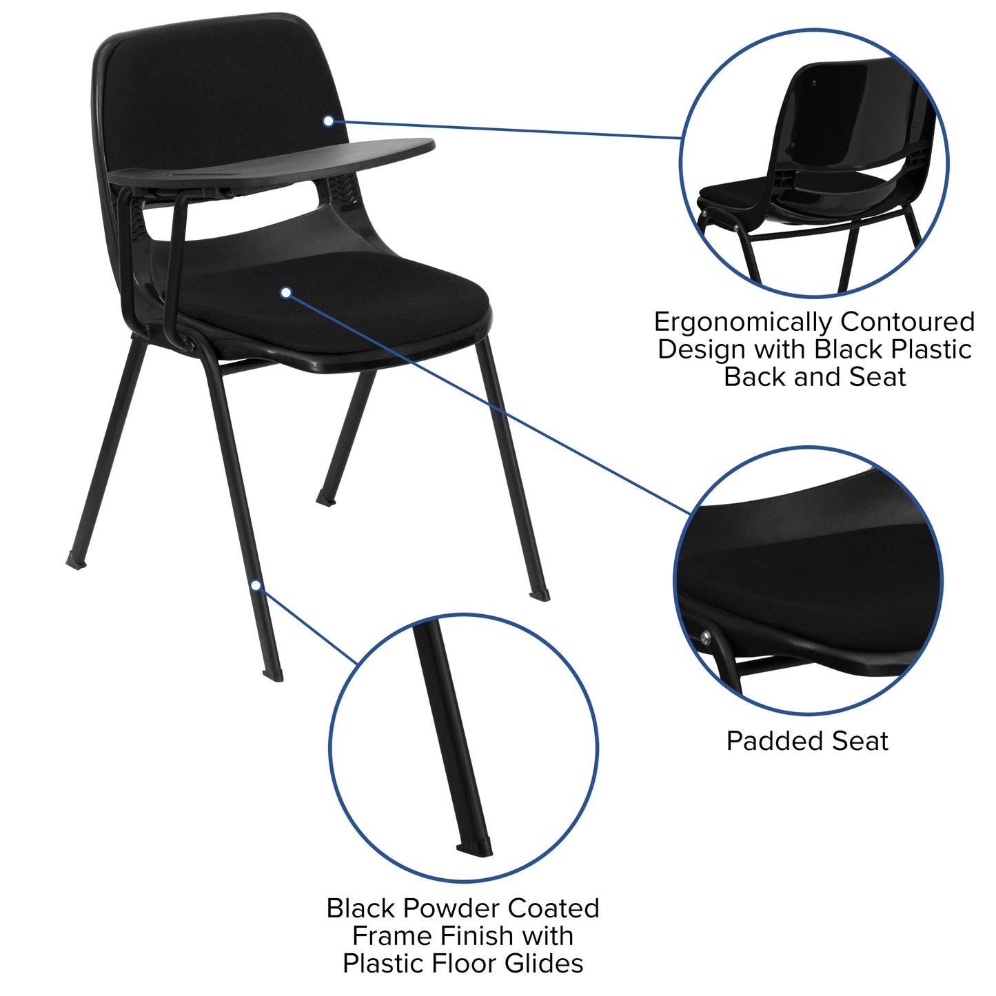HERCULES Black Padded Ergonomic Shell Chair with Right Handed Flip-Up Tablet Arm Black