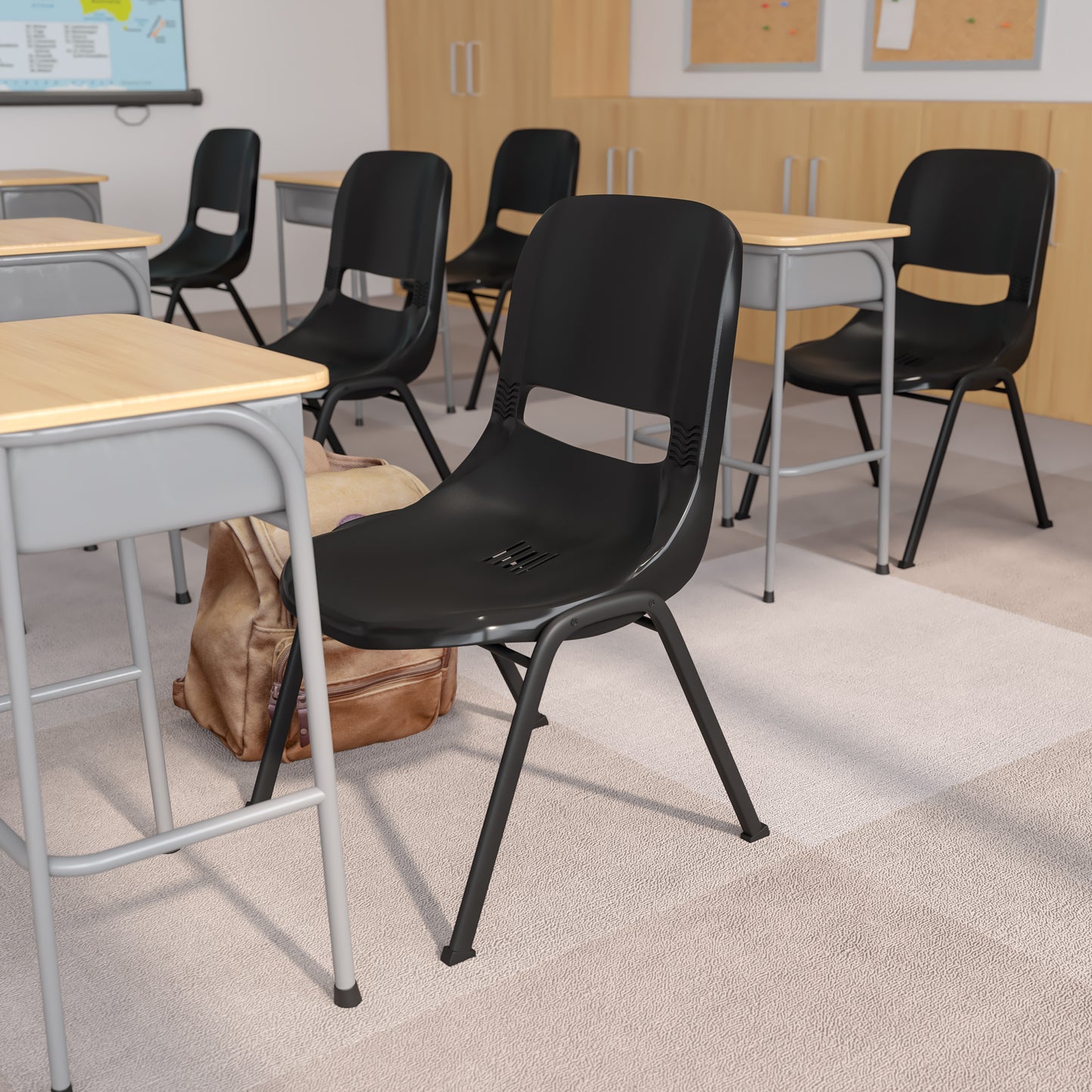HERCULES Series 880 lb. Capacity Black Ergonomic Shell Stack Chair with Black Frame Black RUT-EO1-BK-GG