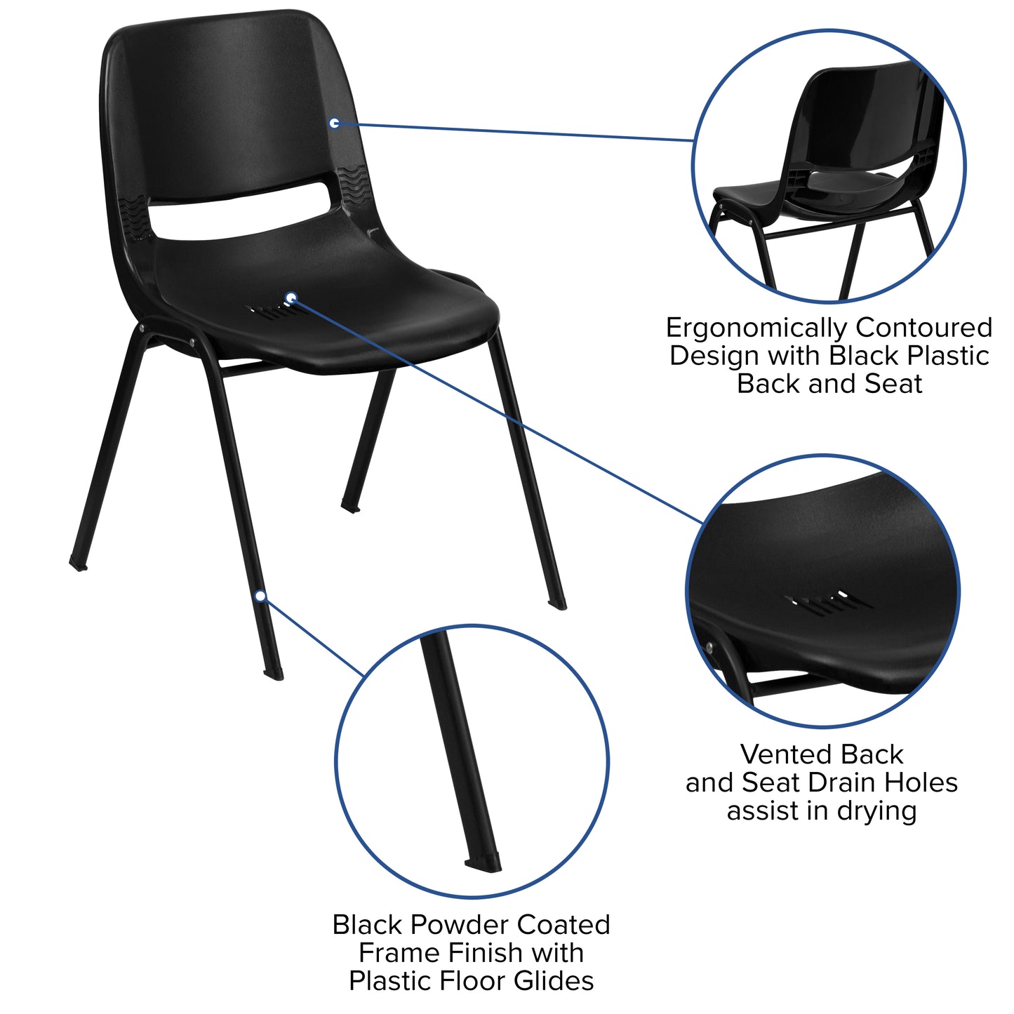 HERCULES Series 880 lb. Capacity Black Ergonomic Shell Stack Chair with Black Frame Black RUT-EO1-BK-GG