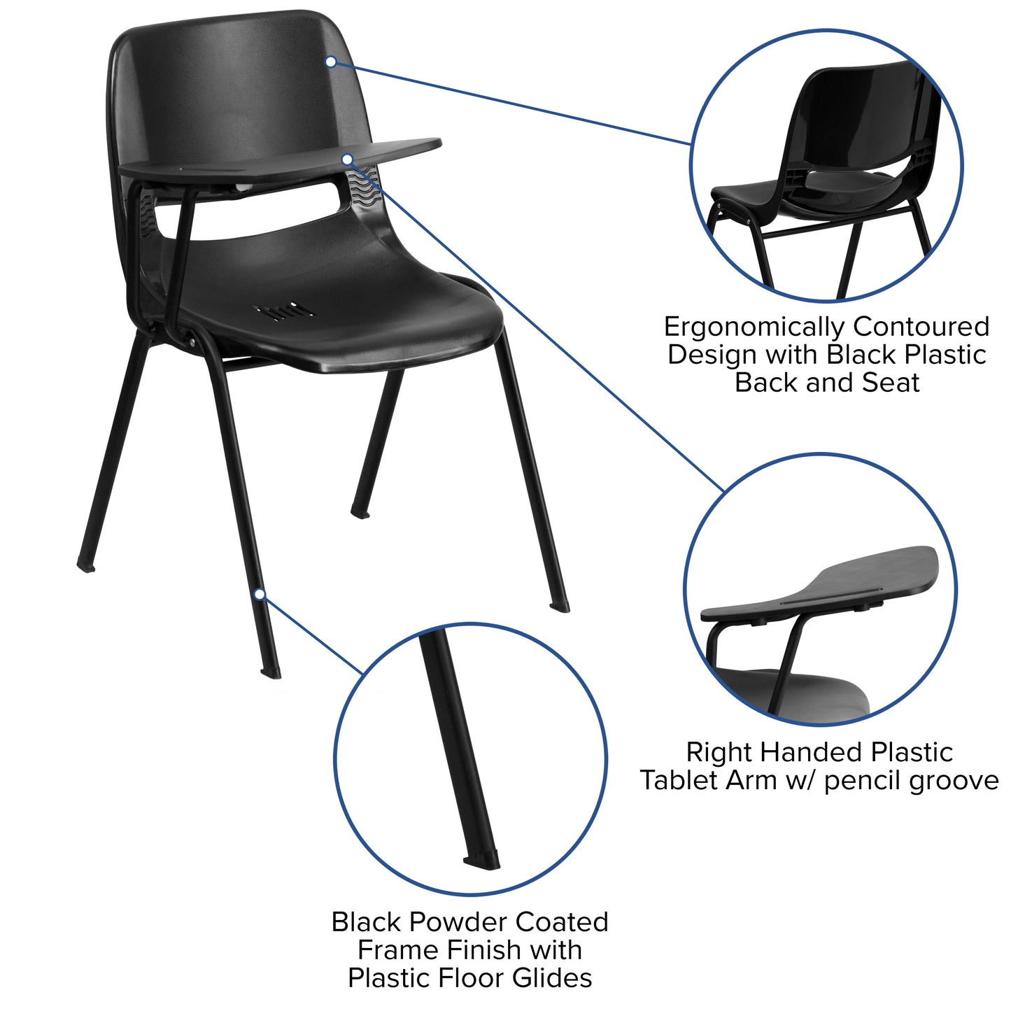 HERCULES Black Ergonomic Shell Chair with Right Handed Flip-Up Tablet Arm Black