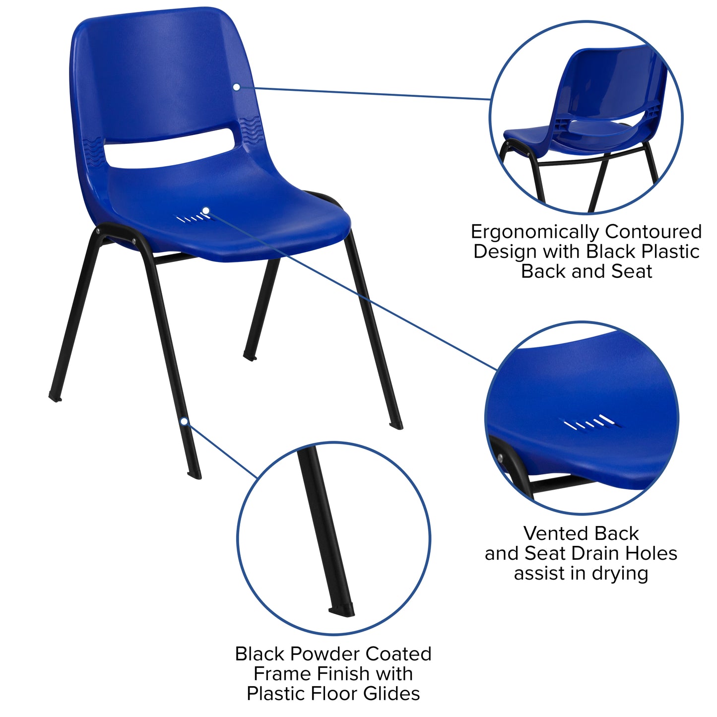 HERCULES Series 880 lb. Capacity Blue Ergonomic Shell Stack Chair with Black Frame Blue