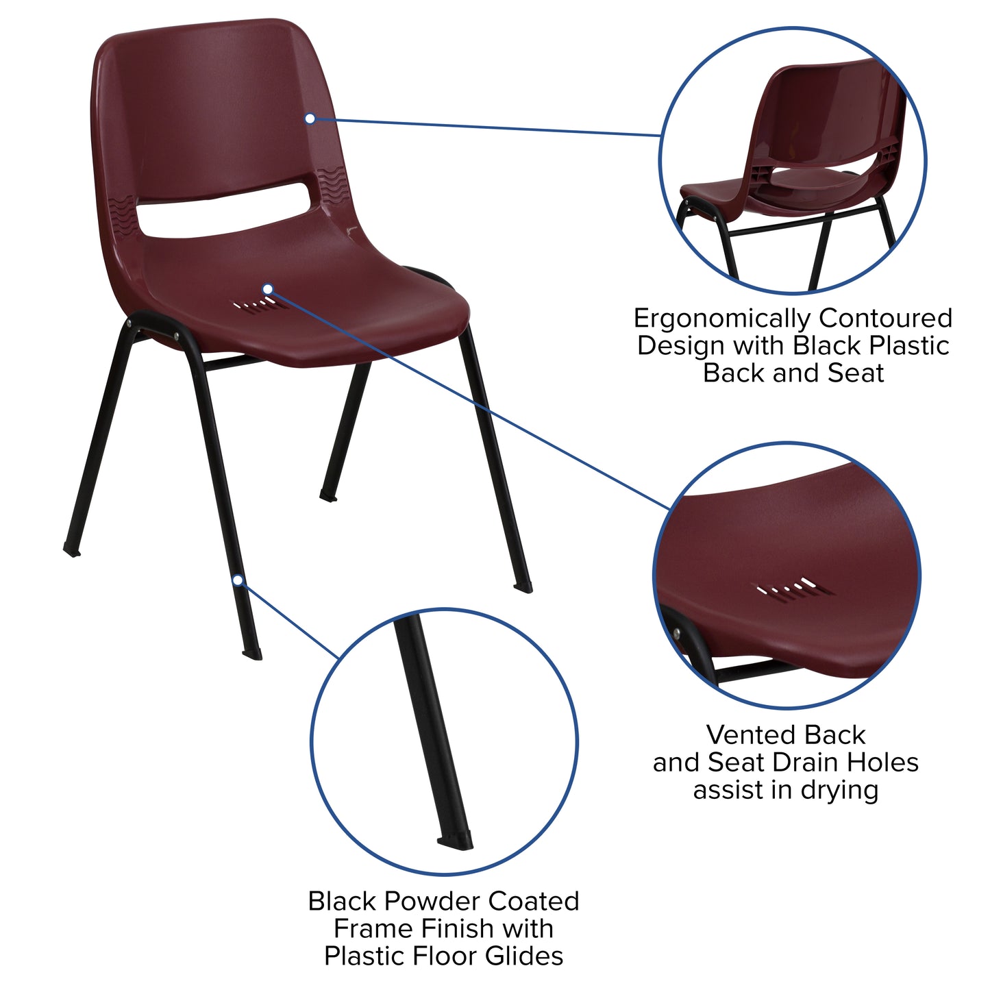 HERCULES Series 880 lb. Capacity Burgundy Ergonomic Shell Stack Chair with Black Frame Burgundy