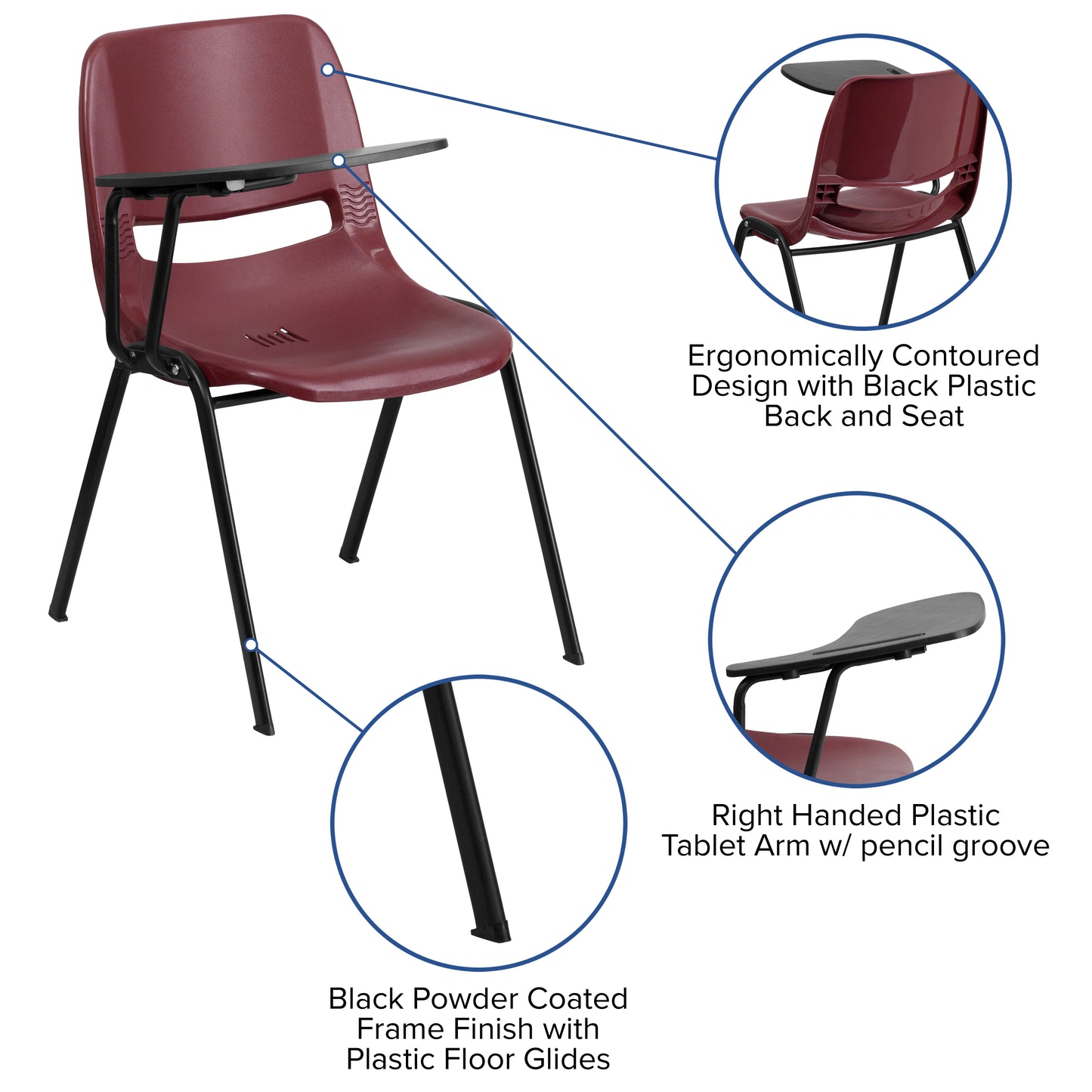 HERCULES Burgundy Ergonomic Shell Chair with Right Handed Flip-Up Tablet Arm Burgundy