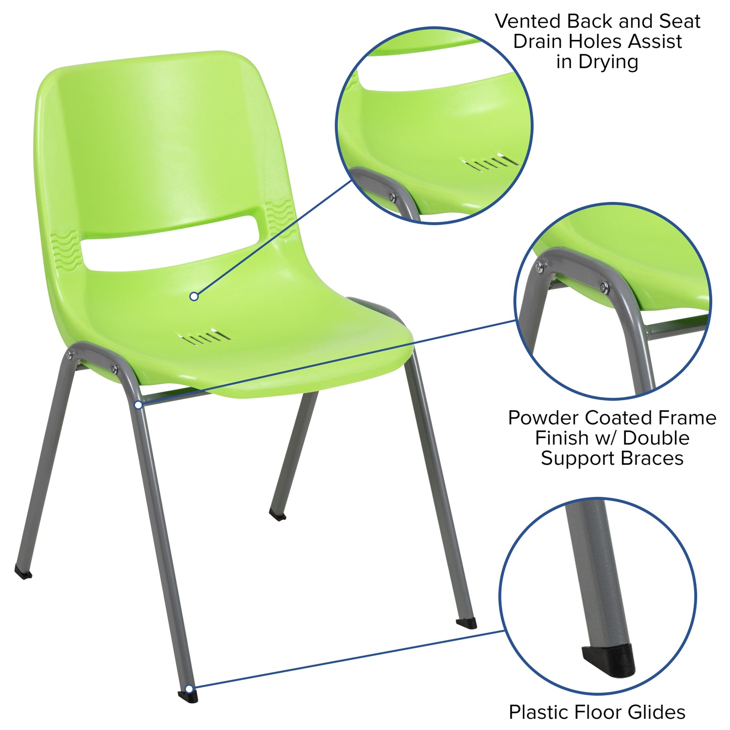 HERCULES Series 880 lb. Capacity Green Ergonomic Shell Stack Chair with Gray Frame Green