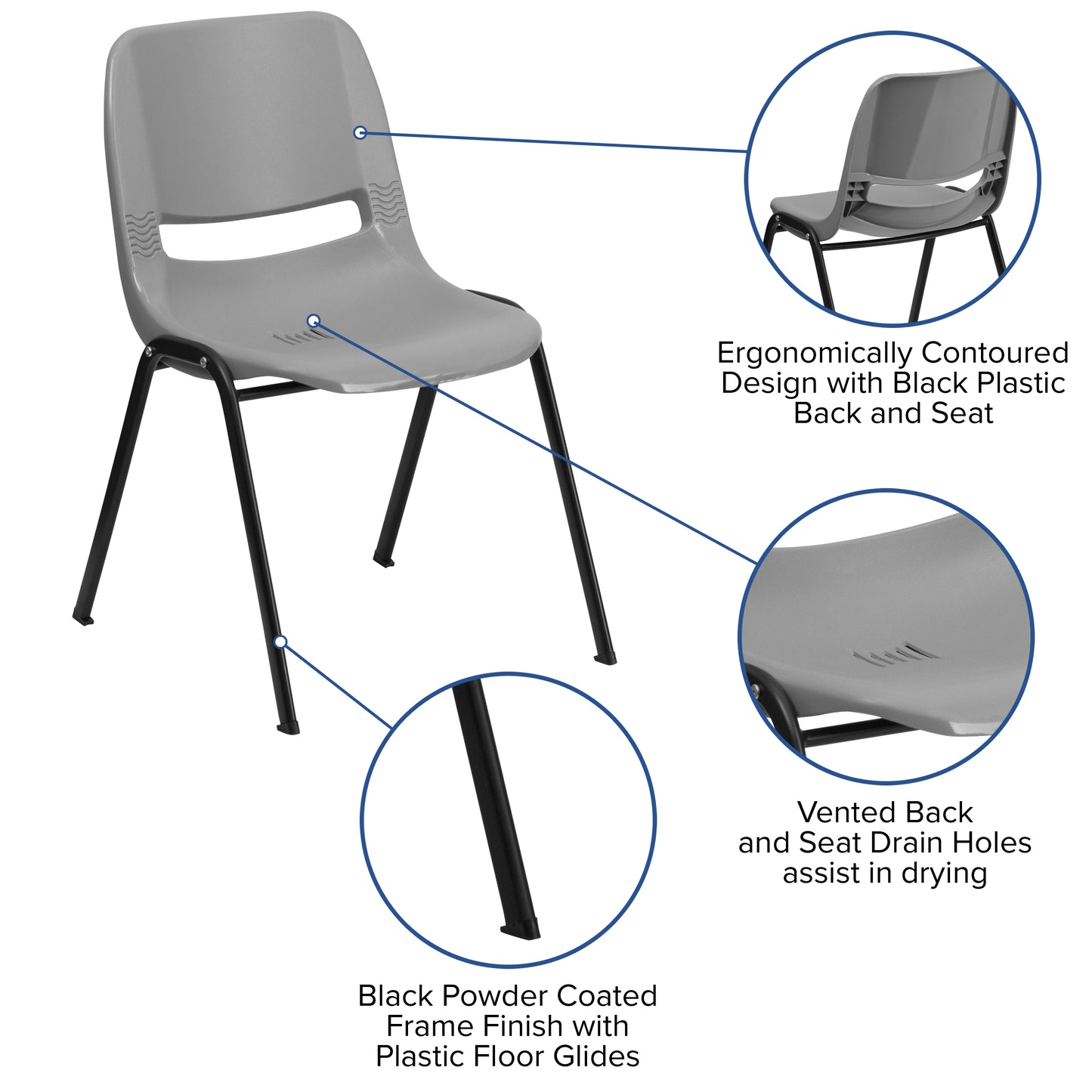 HERCULES Series 880 lb. Capacity Gray Ergonomic Shell Stack Chair with Black Frame Gray