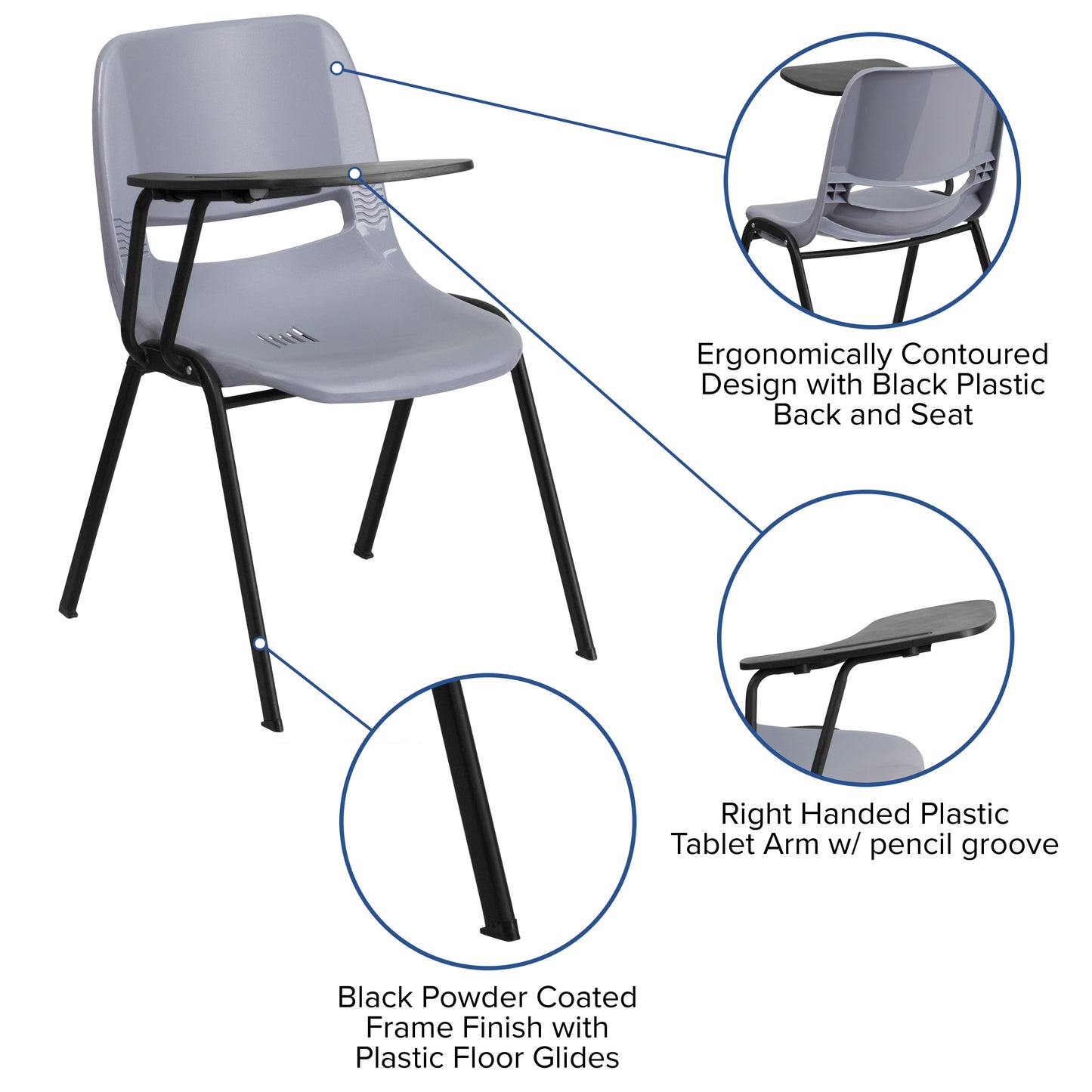 HERCULES Gray Ergonomic Shell Chair with Right Handed Flip-Up Tablet Arm Gray