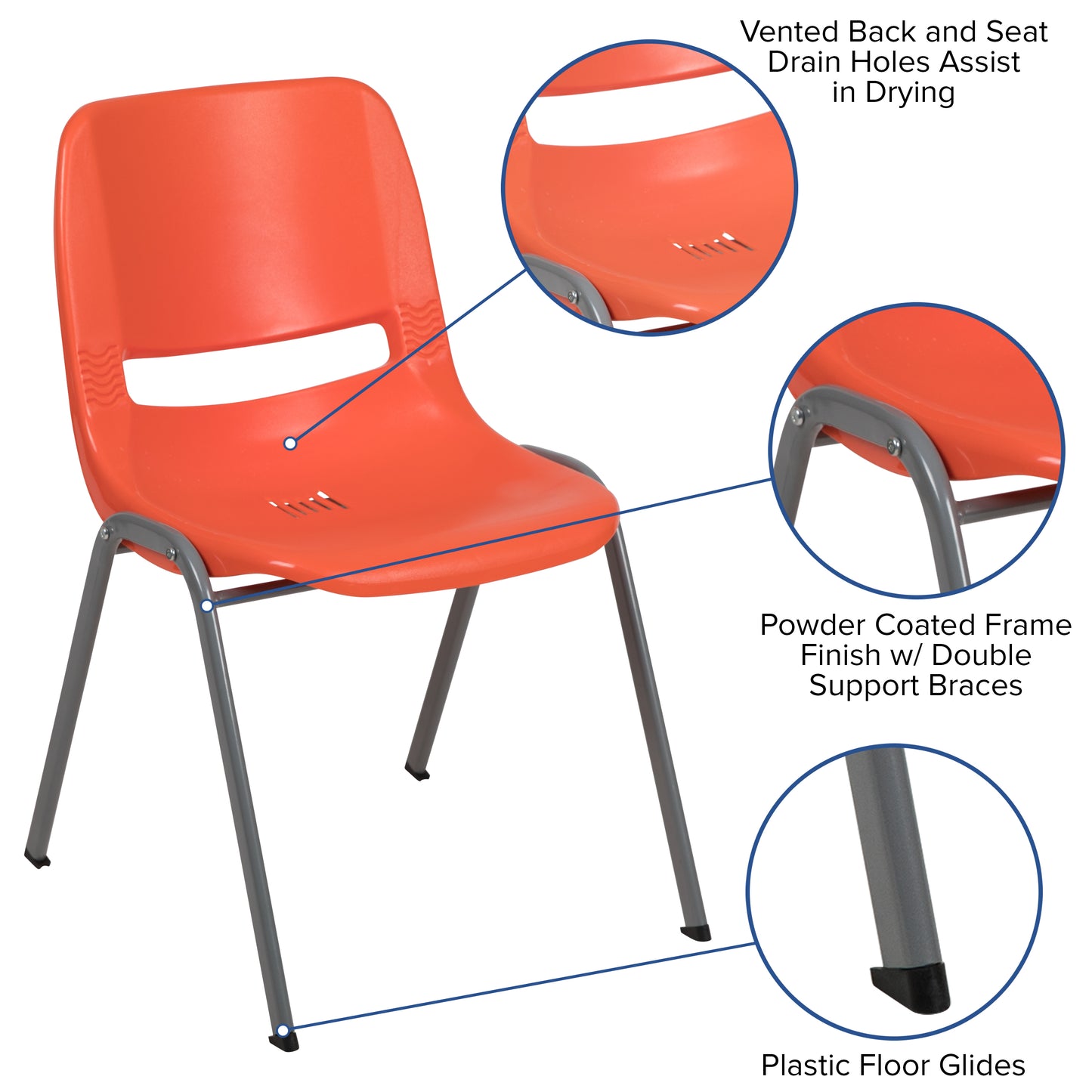 HERCULES Series 880 lb. Capacity Orange Ergonomic Shell Stack Chair with Gray Frame Orange