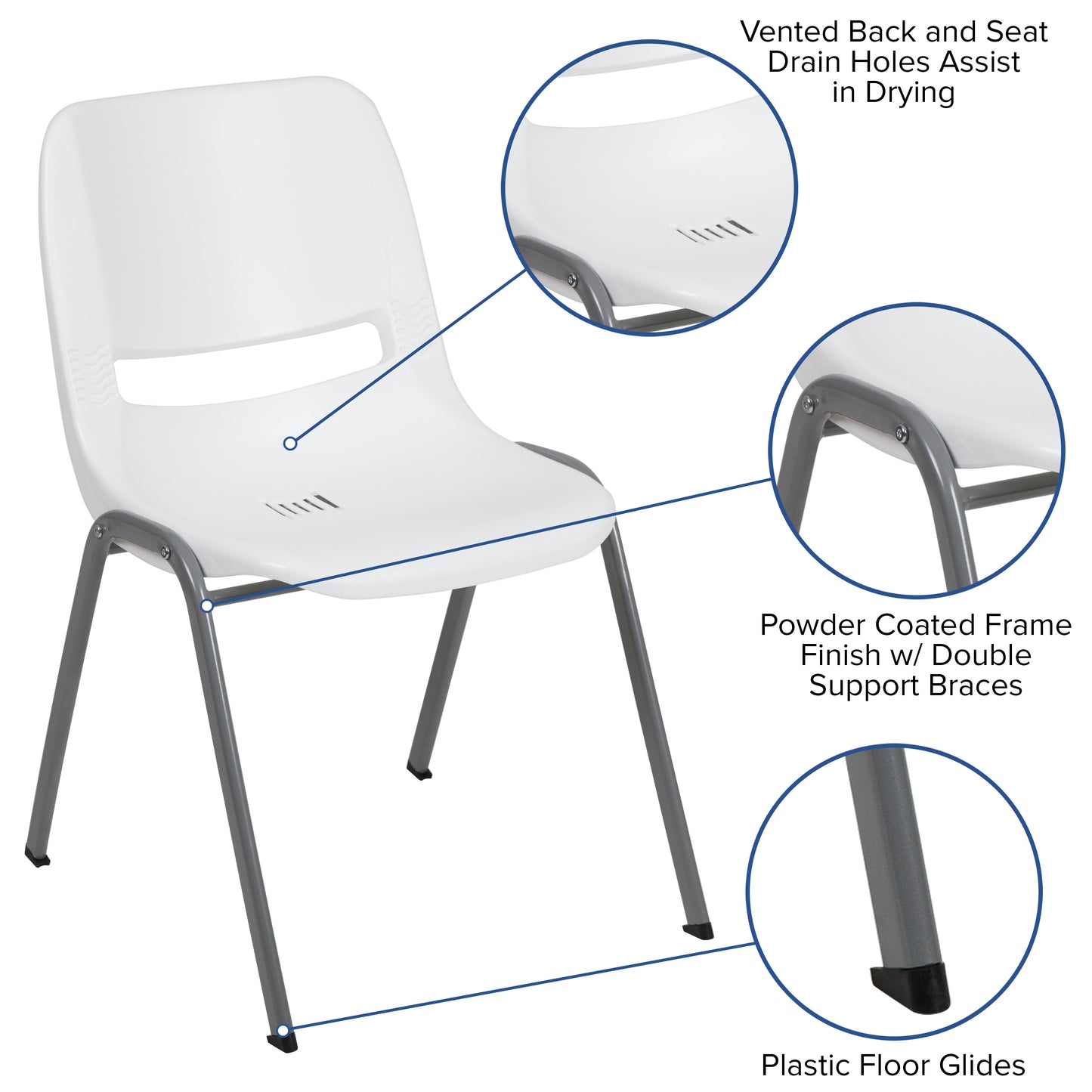HERCULES Series 880 lb. Capacity White Ergonomic Shell Stack Chair with Gray Frame White RUT-EO1-WH-GG