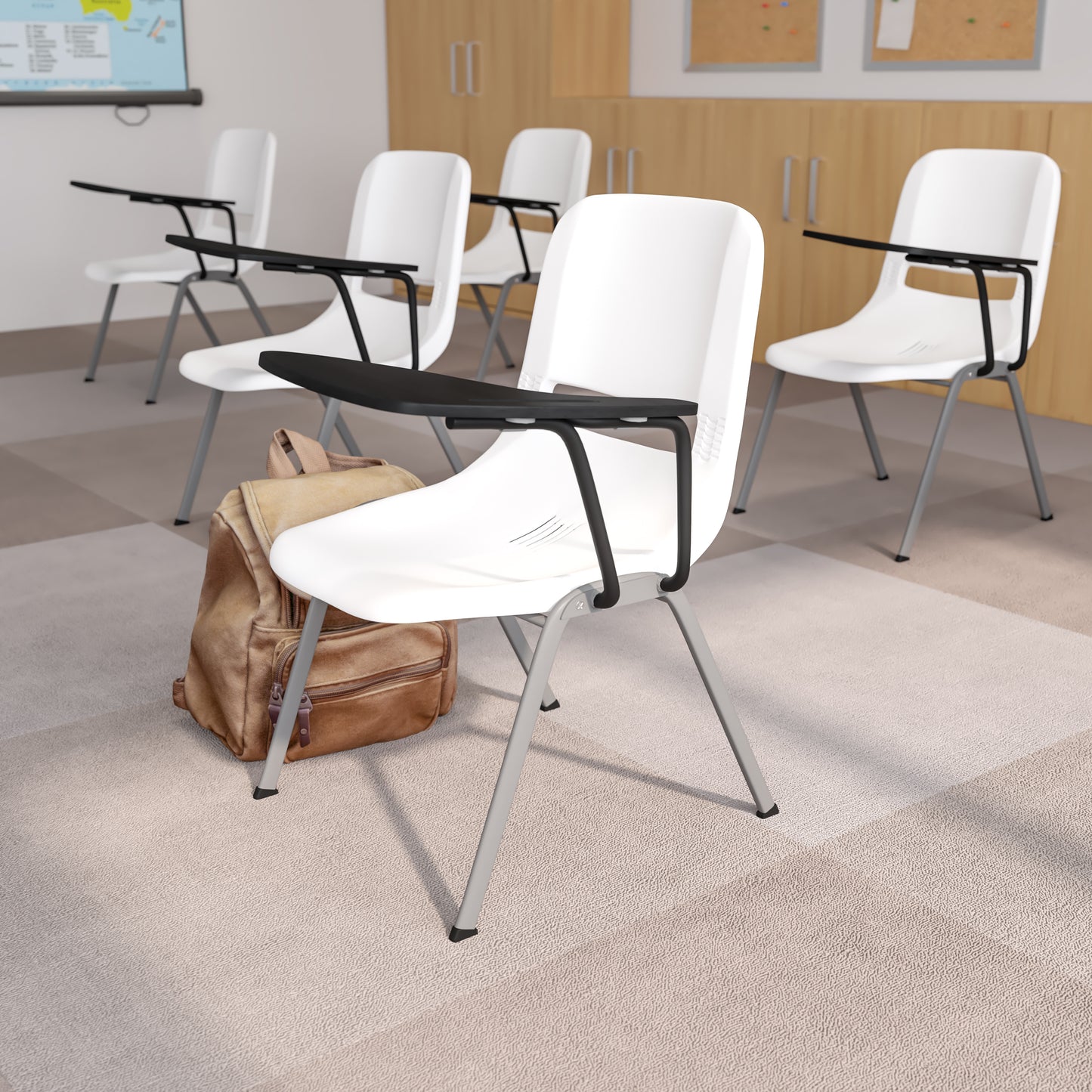 HERCULES White Ergonomic Shell Chair with Left Handed Flip-Up Tablet Arm White
