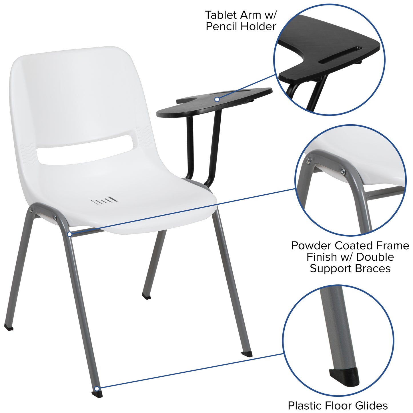 HERCULES White Ergonomic Shell Chair with Left Handed Flip-Up Tablet Arm White