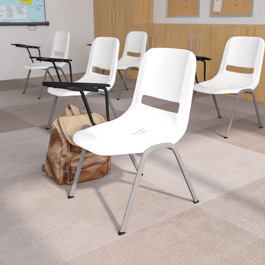 HERCULES White Ergonomic Shell Chair with Right Handed Flip-Up Tablet Arm White