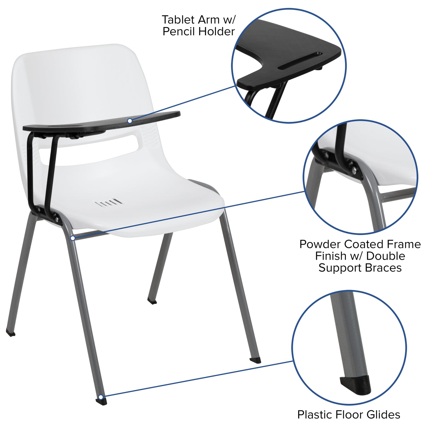 HERCULES White Ergonomic Shell Chair with Right Handed Flip-Up Tablet Arm White