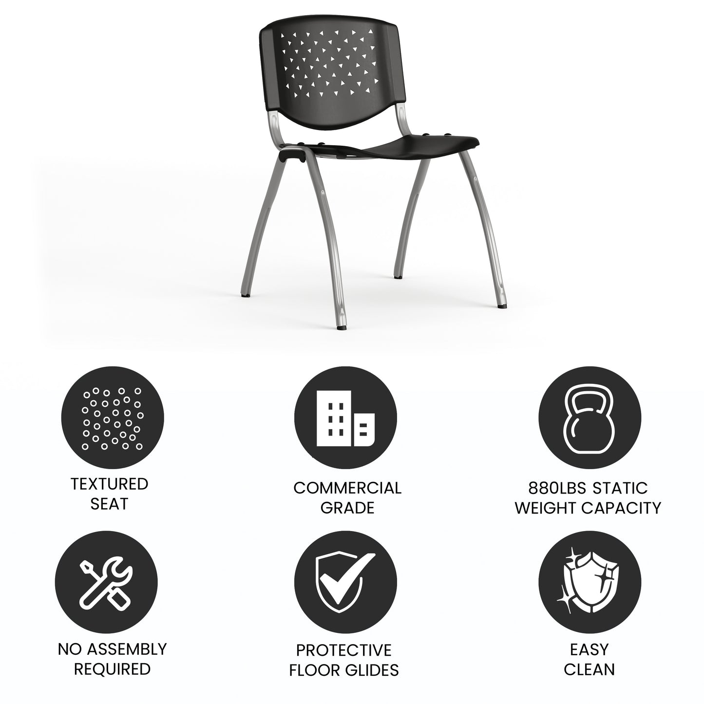 HERCULES Series 880 lb. Capacity Black Plastic Stack Chair with Titanium Gray Powder Coated Frame Black RUT-F01A-BK-GG