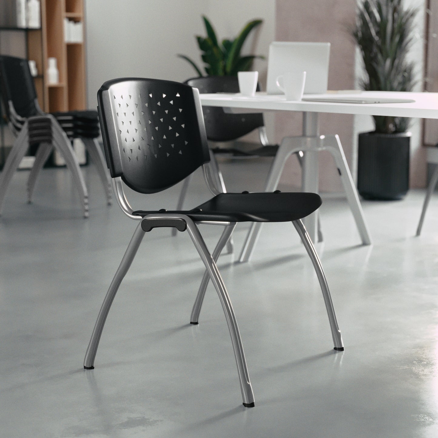HERCULES Series 880 lb. Capacity Black Plastic Stack Chair with Titanium Gray Powder Coated Frame Black RUT-F01A-BK-GG