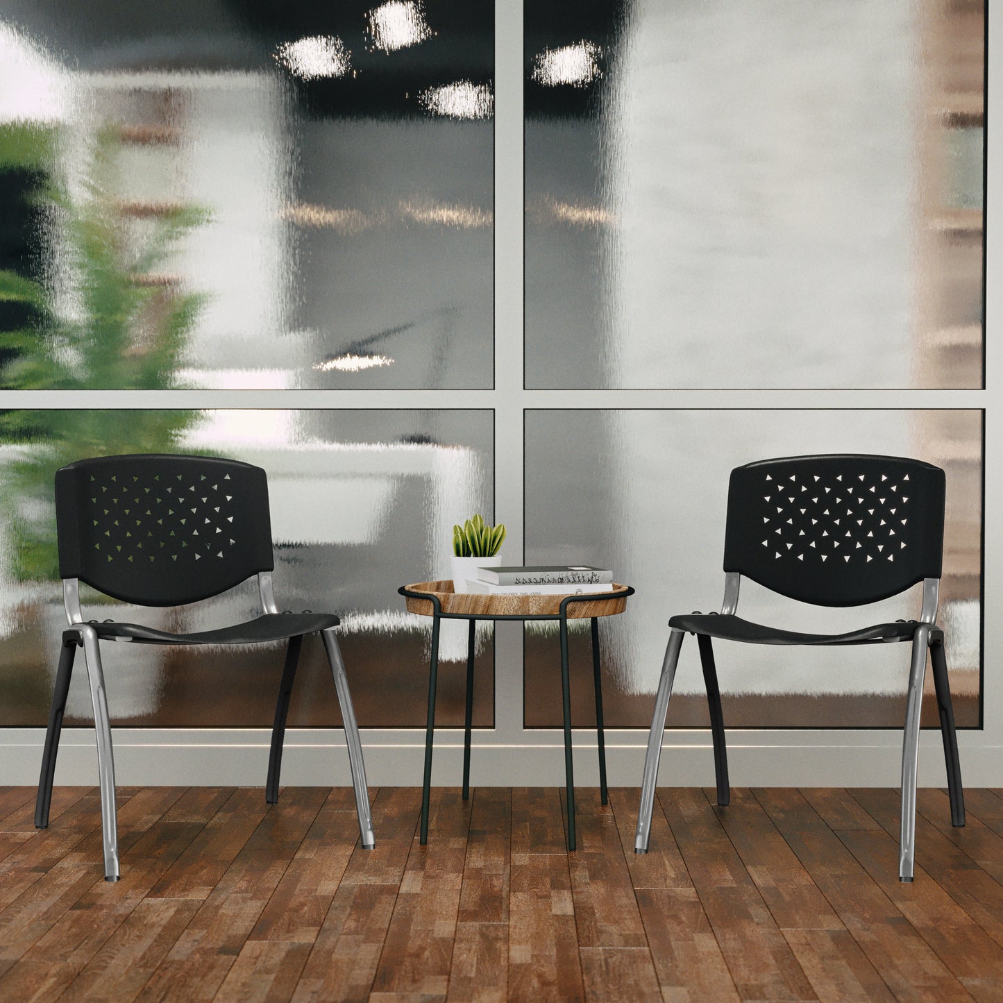 HERCULES Series 880 lb. Capacity Black Plastic Stack Chair with Titanium Gray Powder Coated Frame Black RUT-F01A-BK-GG
