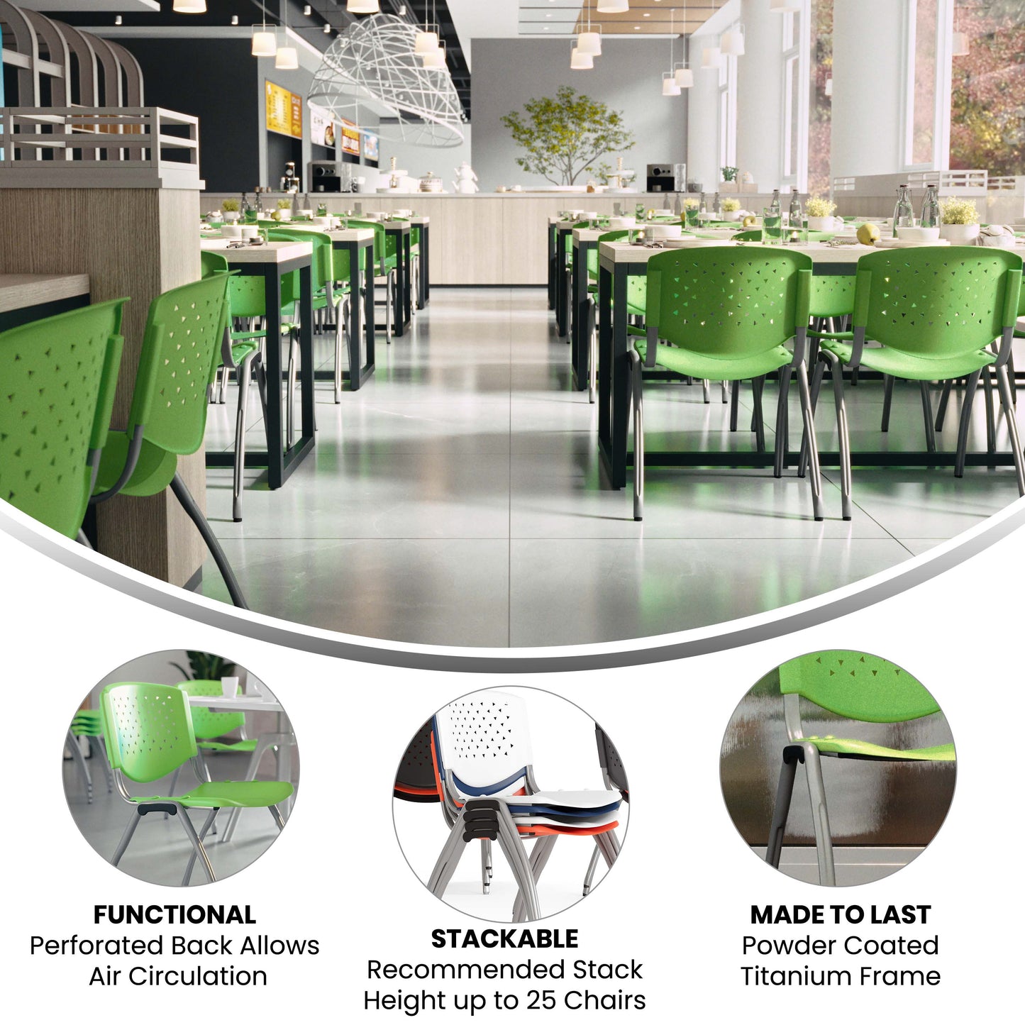 HERCULES Series 880 lb. Capacity Green Plastic Stack Chair with Titanium Gray Powder Coated Frame Green