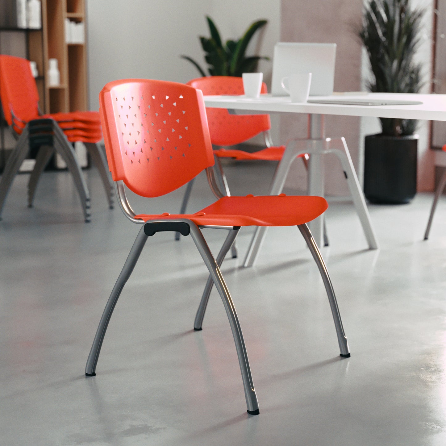 HERCULES Series 880 lb. Capacity Orange Plastic Stack Chair with Titanium Gray Powder Coated Frame Orange RUT-F01A-OR-GG