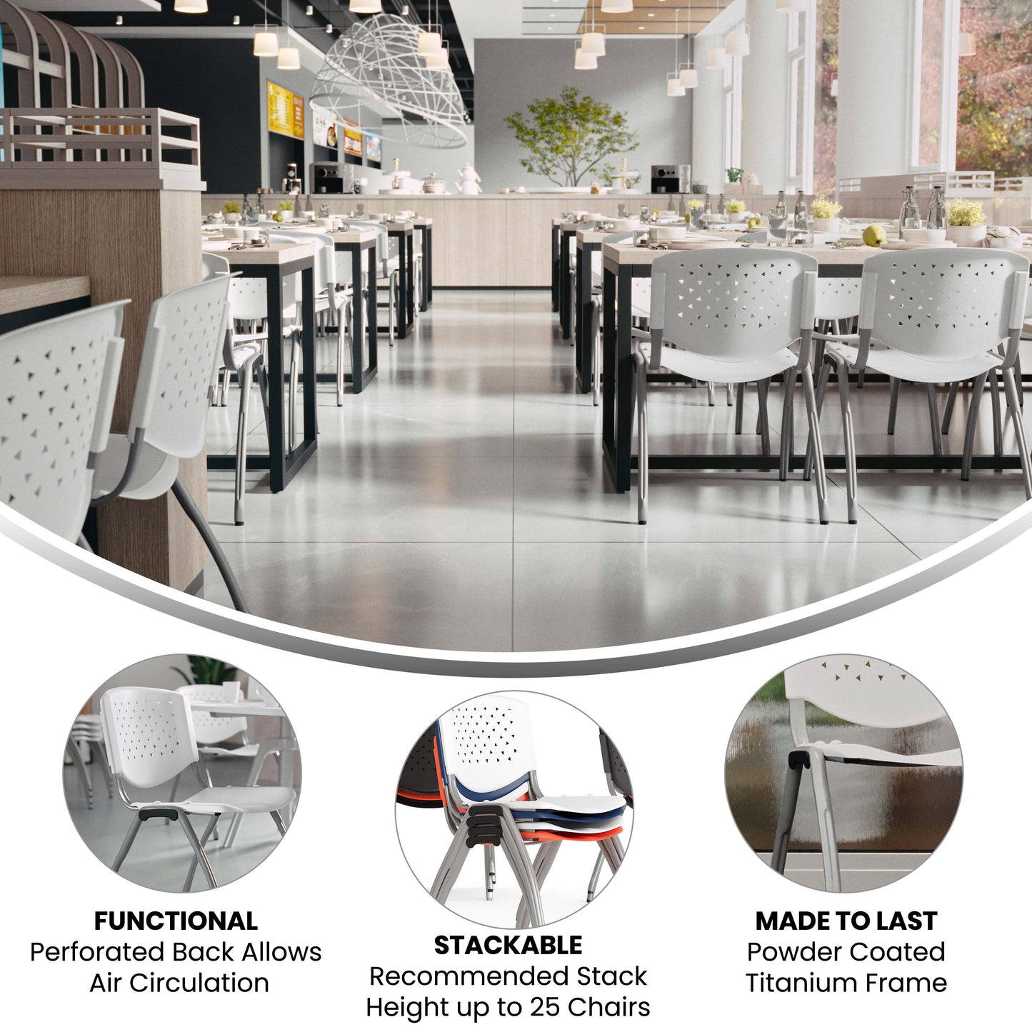 HERCULES Series 880 lb. Capacity White Plastic Stack Chair with Titanium Gray Powder Coated Frame White
