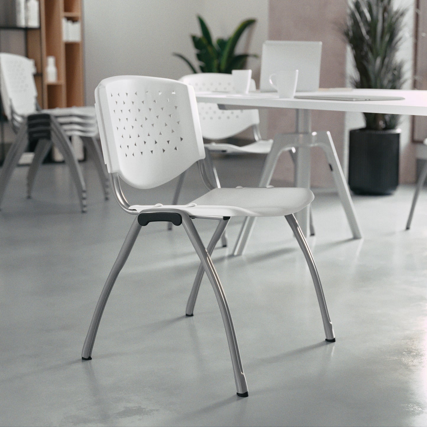 HERCULES Series 880 lb. Capacity White Plastic Stack Chair with Titanium Gray Powder Coated Frame White