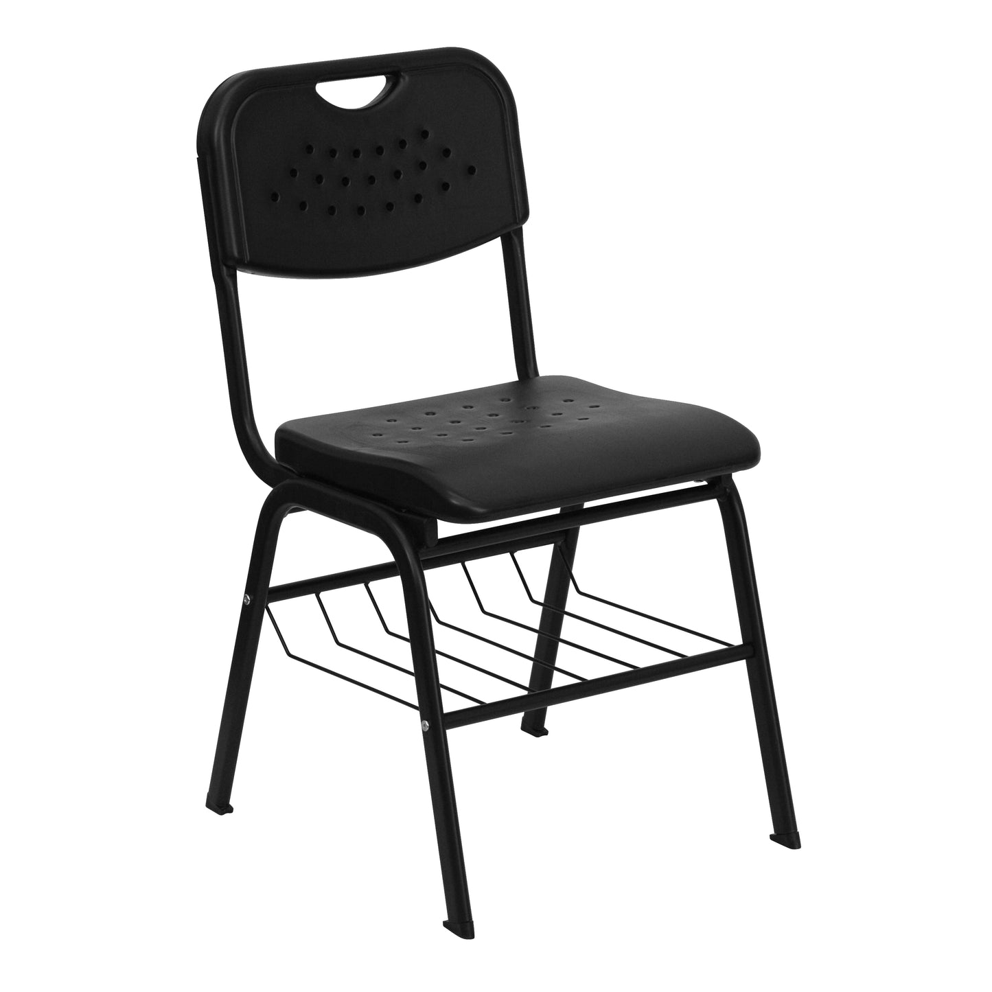 HERCULES Series 880 lb. Capacity Black Plastic Chair with Black Frame and Book Basket Black