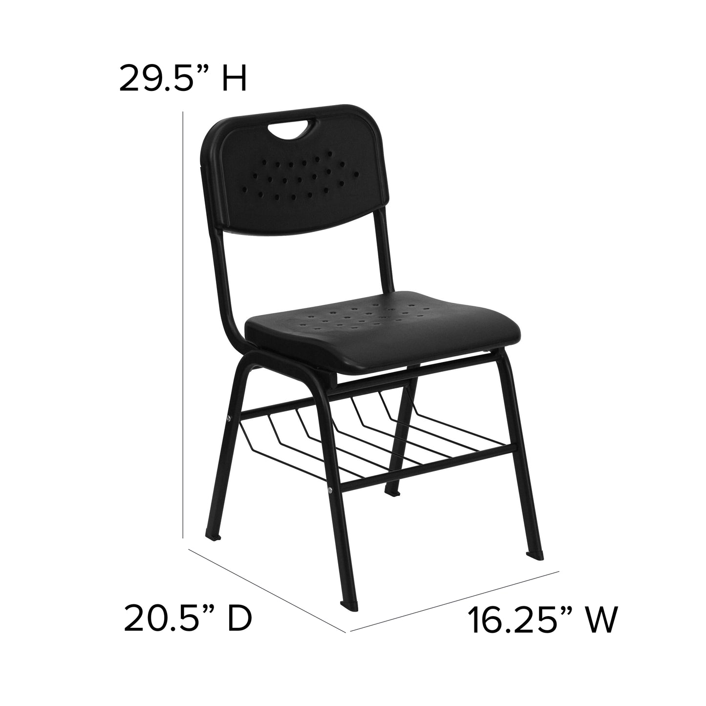 HERCULES Series 880 lb. Capacity Black Plastic Chair with Black Frame and Book Basket Black