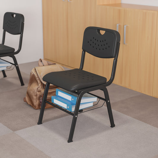 HERCULES Series 880 lb. Capacity Black Plastic Chair with Black Frame and Book Basket Black