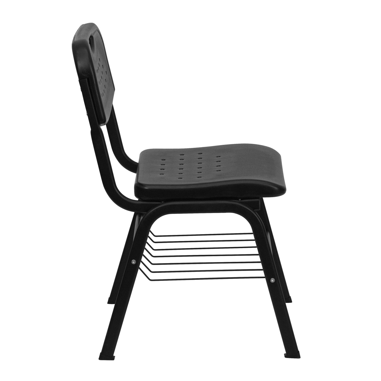 HERCULES Series 880 lb. Capacity Black Plastic Chair with Black Frame and Book Basket Black