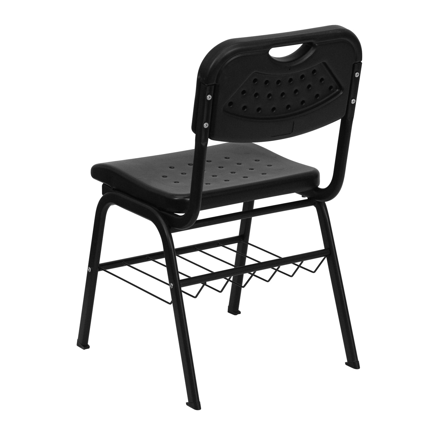 HERCULES Series 880 lb. Capacity Black Plastic Chair with Black Frame and Book Basket Black