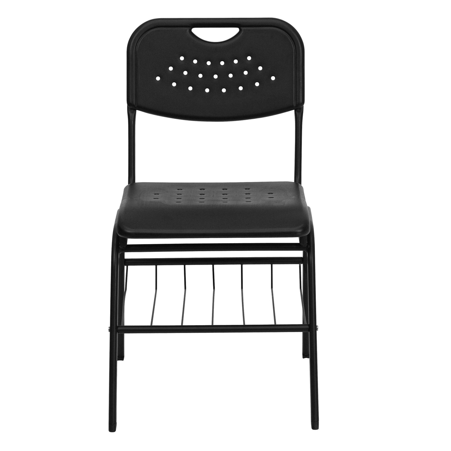 HERCULES Series 880 lb. Capacity Black Plastic Chair with Black Frame and Book Basket Black