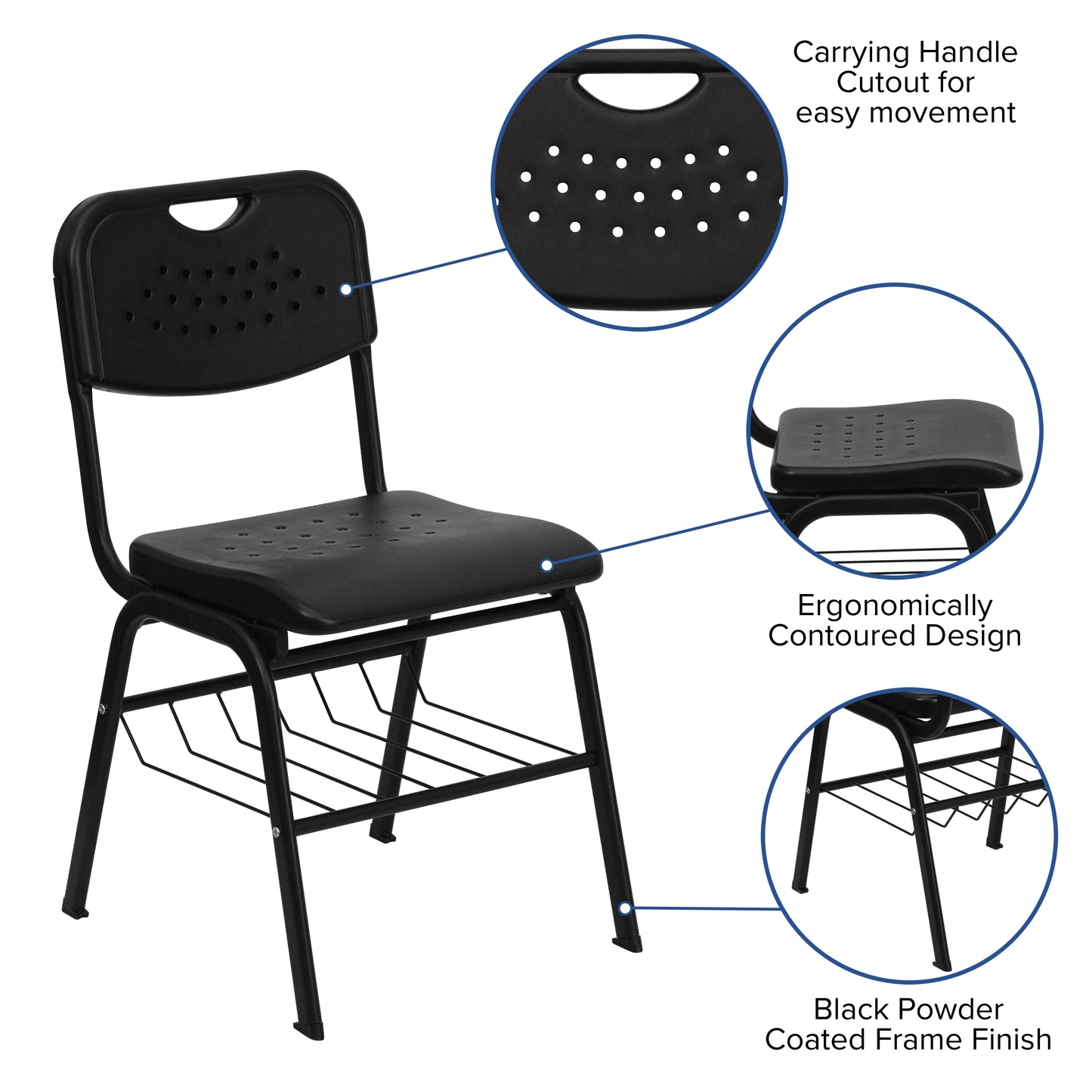 HERCULES Series 880 lb. Capacity Black Plastic Chair with Black Frame and Book Basket Black