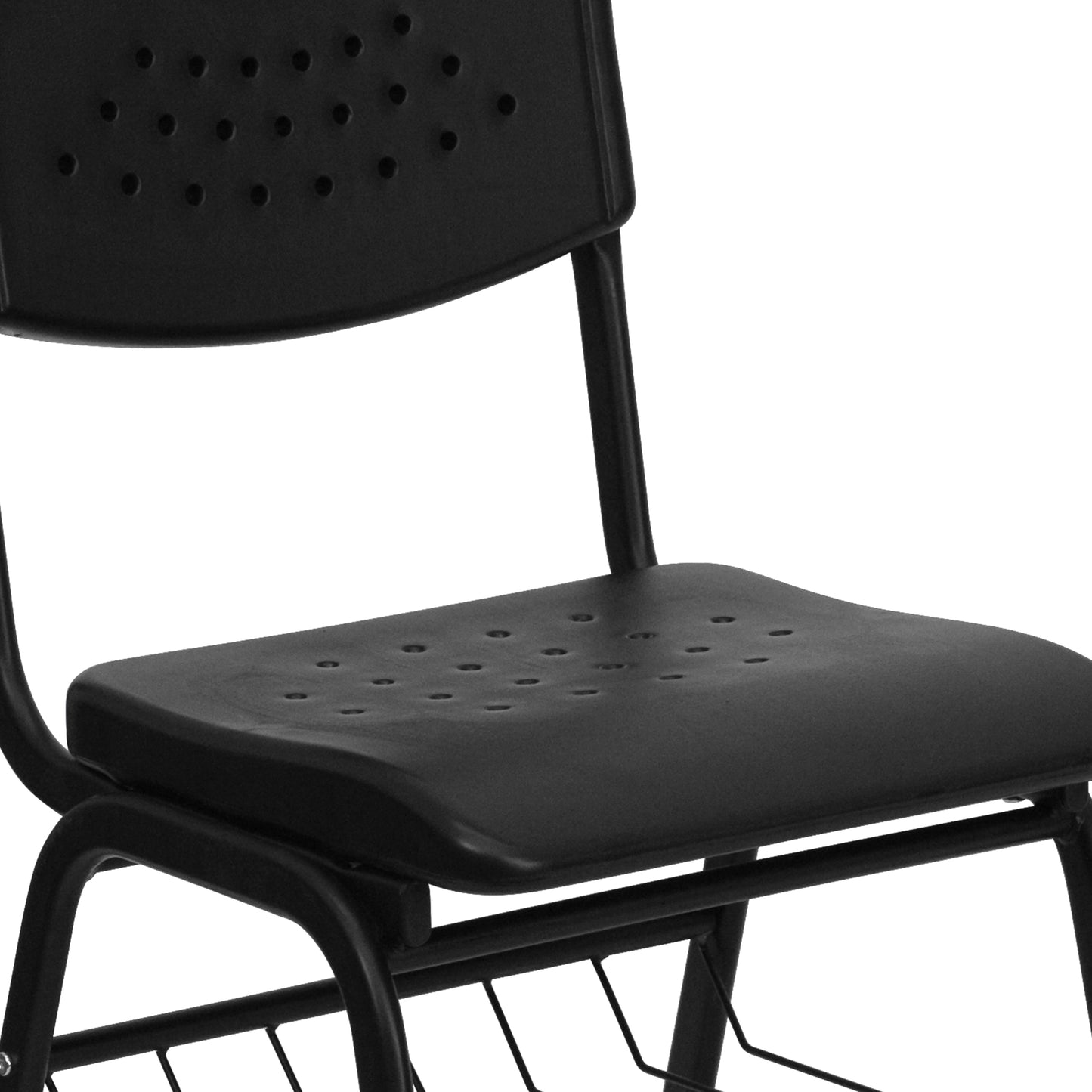 HERCULES Series 880 lb. Capacity Black Plastic Chair with Black Frame and Book Basket Black