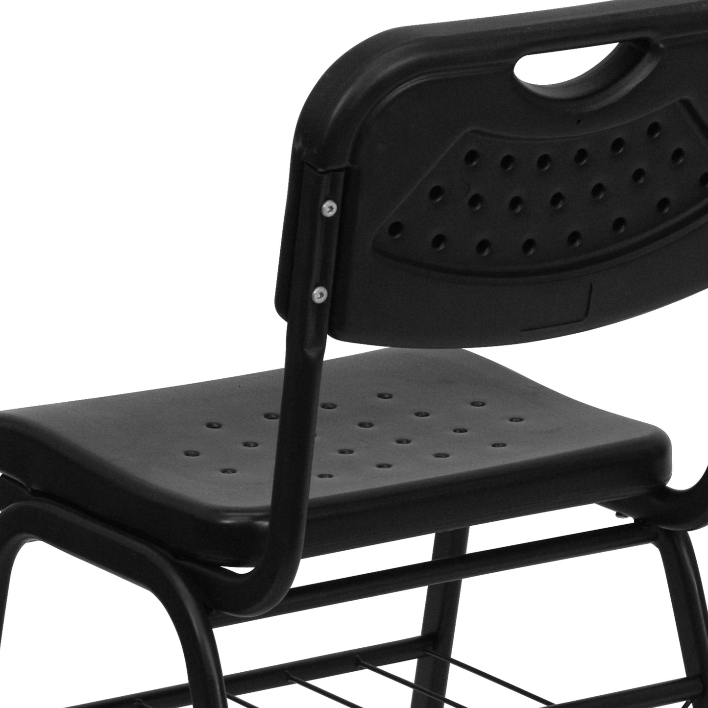 HERCULES Series 880 lb. Capacity Black Plastic Chair with Black Frame and Book Basket Black