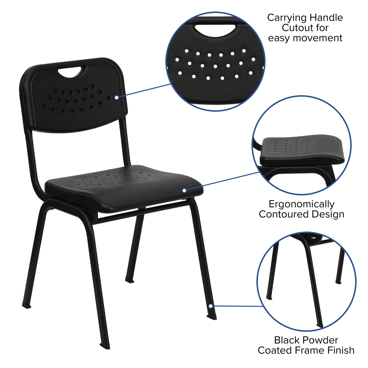 HERCULES Series 880 lb. Capacity Black Plastic Stack Chair with Open Back and Black Frame Black