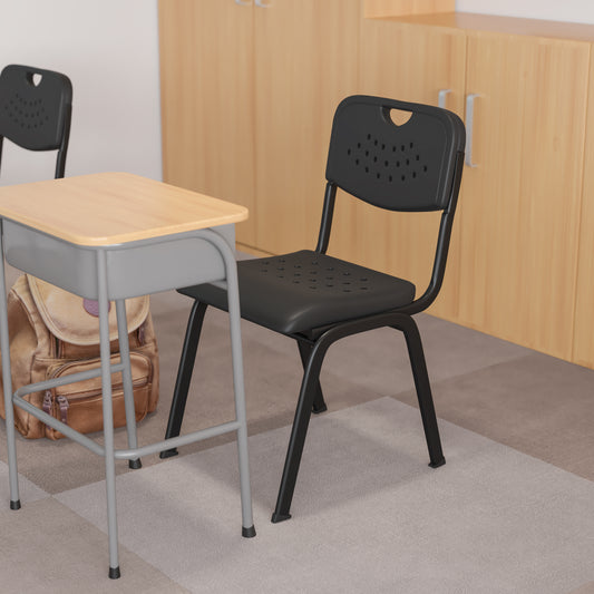 HERCULES Series 880 lb. Capacity Black Plastic Stack Chair with Open Back and Black Frame Black