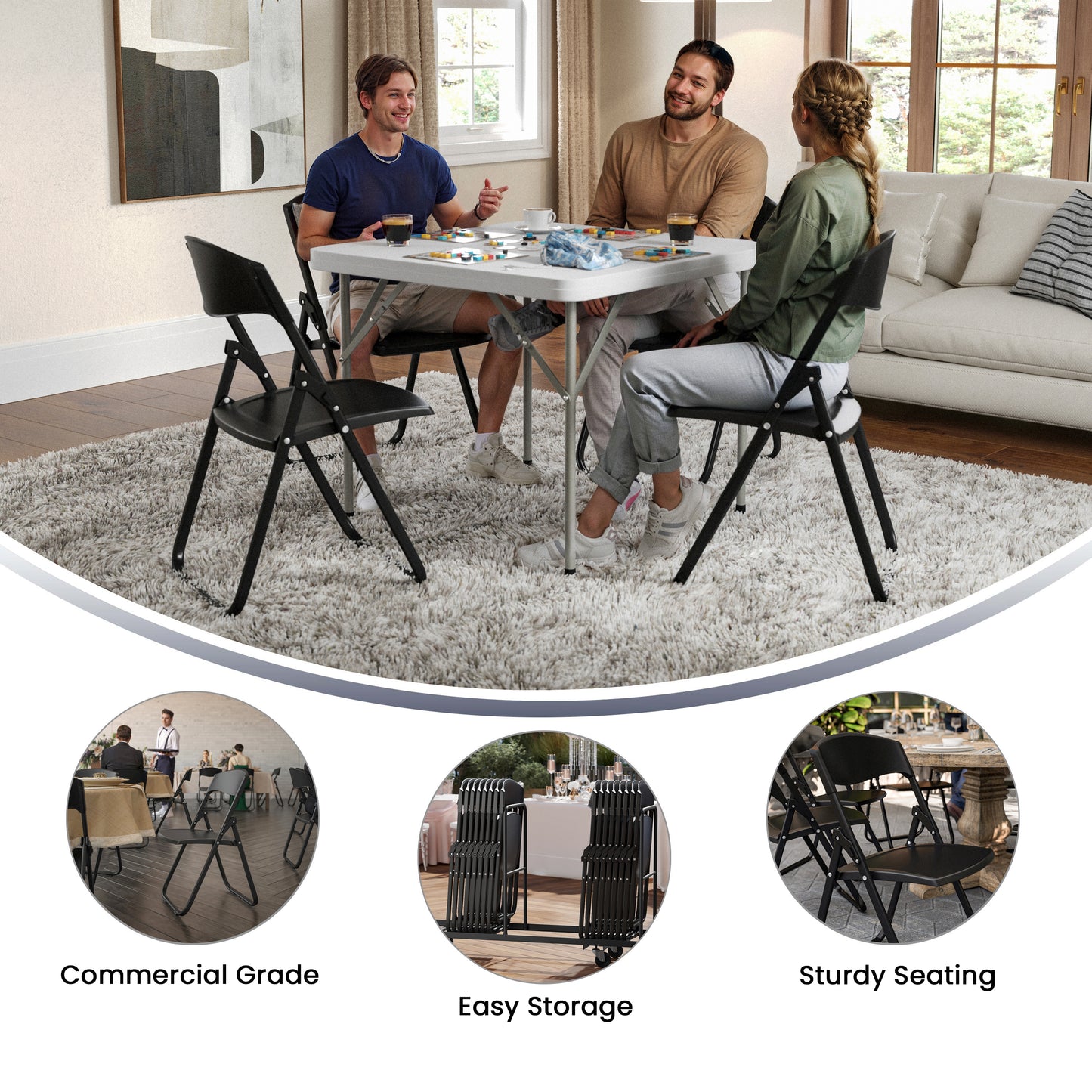 2 Pack HERCULES Series 500 lb. Capacity Heavy Duty Black Plastic Folding Chair with Built-in Ganging Brackets Black 2-RUT-I-BLACK-GG