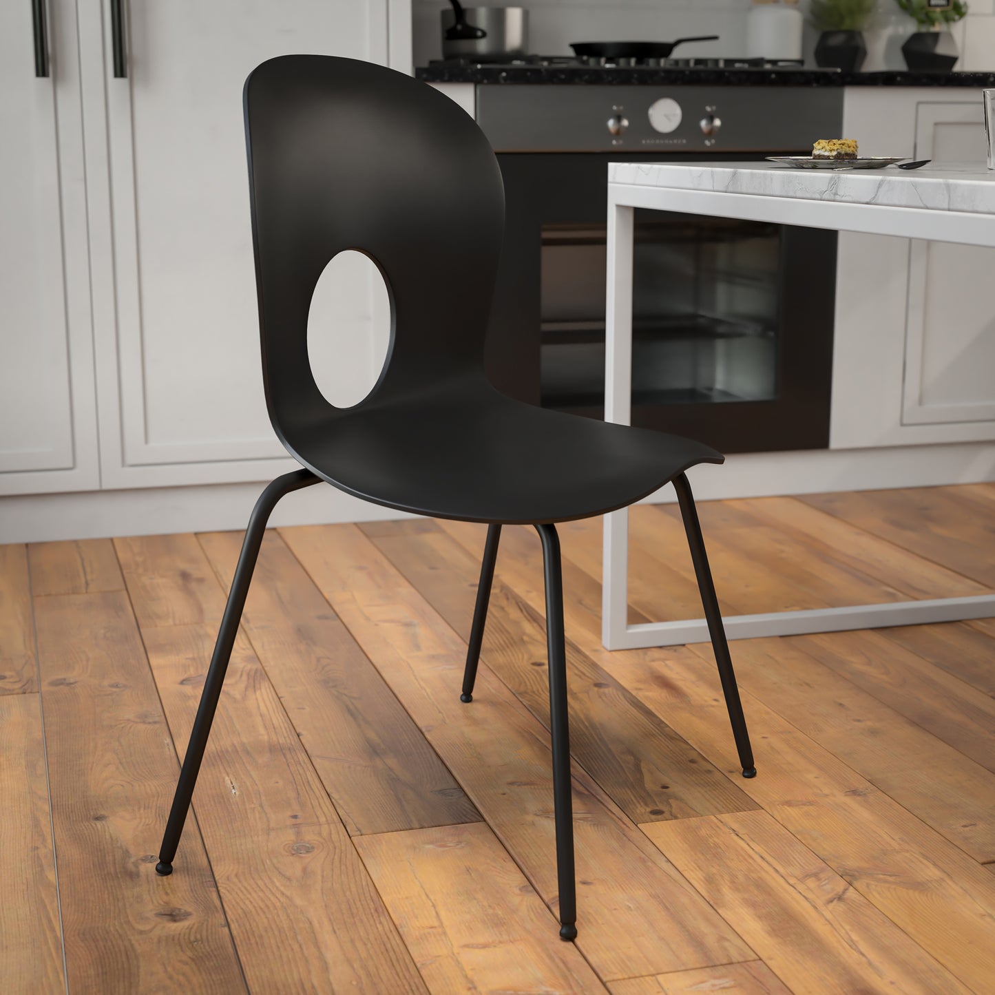 HERCULES Series 770 lb. Capacity Designer Black Plastic Stack Chair with Black Frame Black