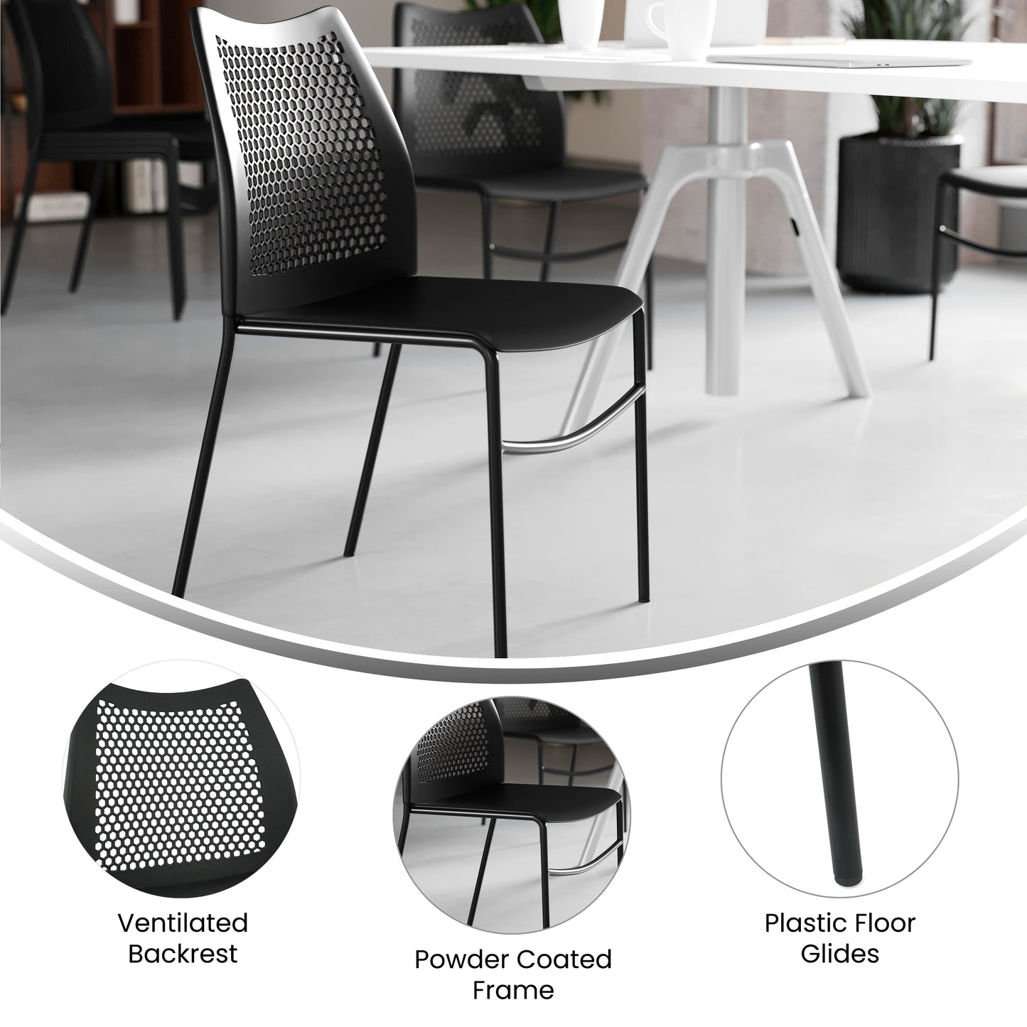 HERCULES Black Stack Chair with Air-Vent Back, Non-Sled Base and Black Powder Coated Metal Frame Black Plastic/Black Frame