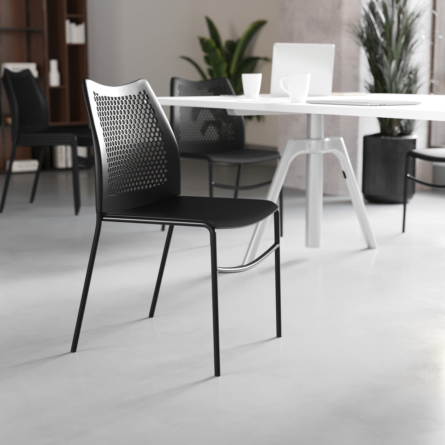 HERCULES Black Stack Chair with Air-Vent Back, Non-Sled Base and Black Powder Coated Metal Frame Black Plastic/Black Frame