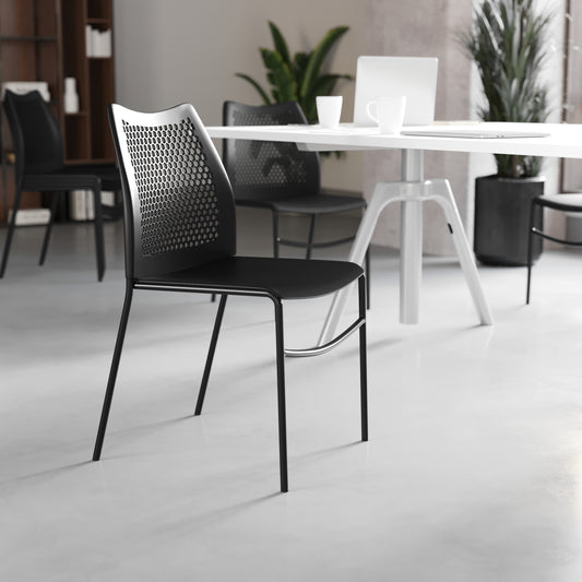 HERCULES Black Stack Chair with Air-Vent Back, Non-Sled Base and Black Powder Coated Metal Frame Black Plastic/Black Frame