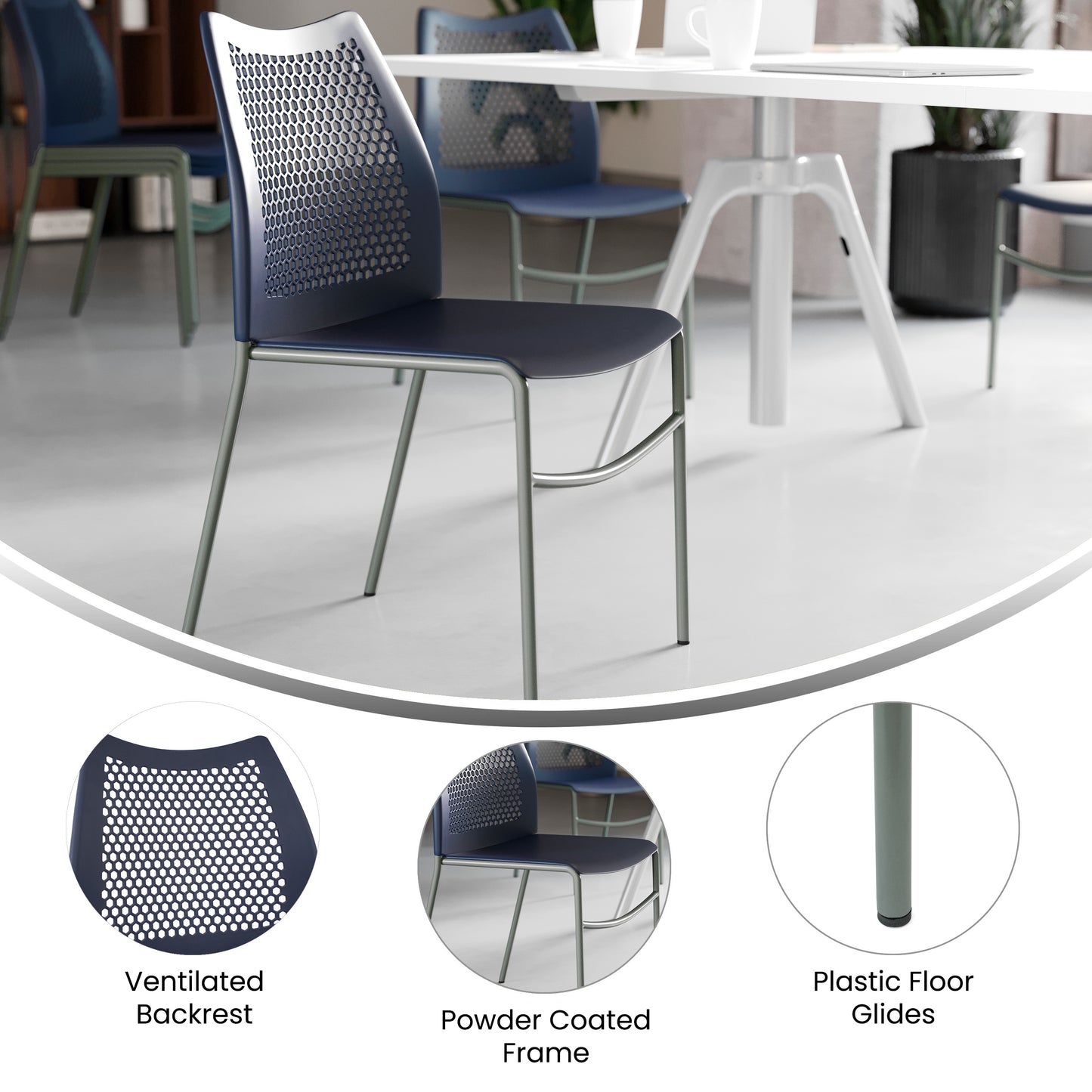 HERCULES Navy Stack Chair with Air-Vent Back, Non-Sled Base and Gray Powder Coated Metal Frame Navy Plastic/Gray Frame