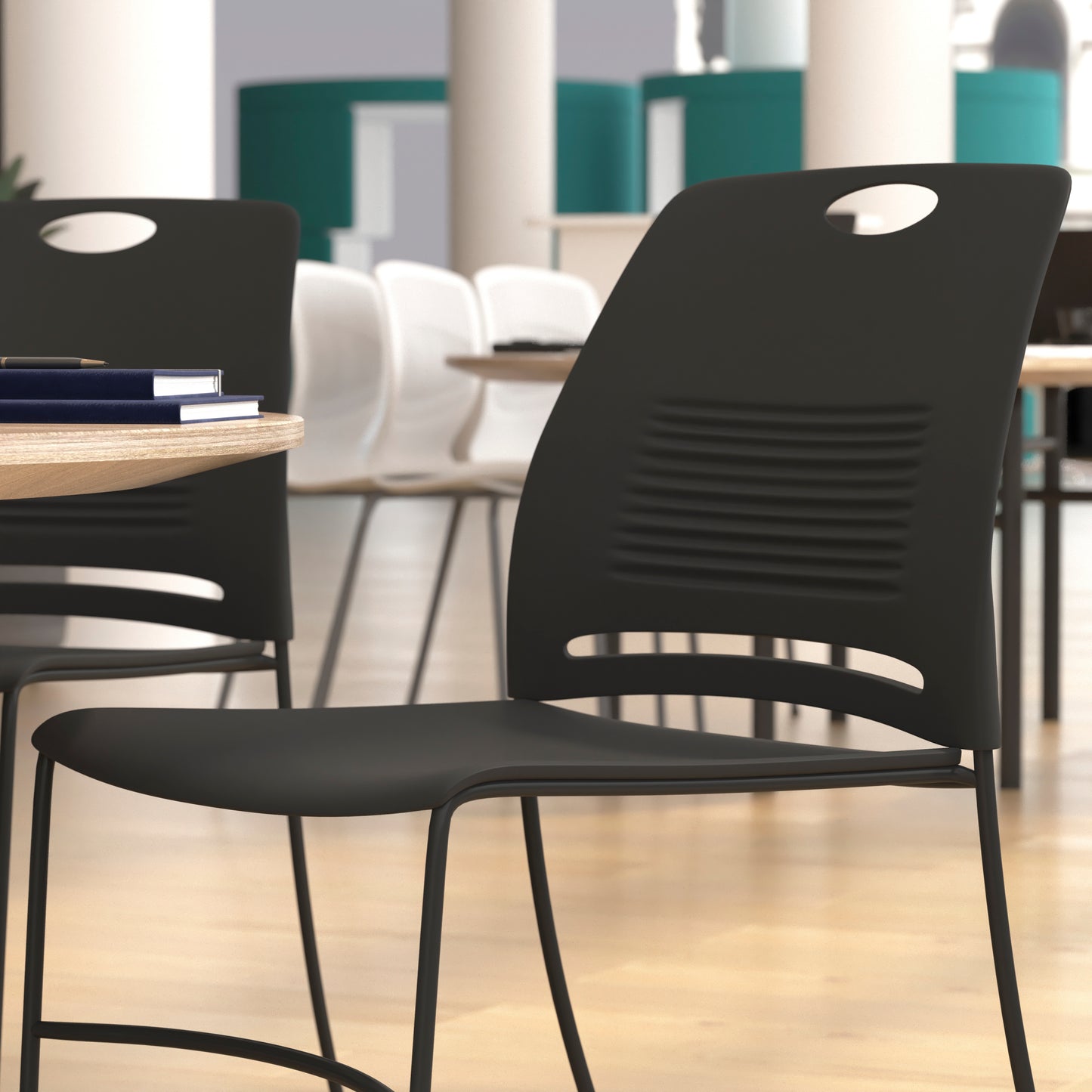 HERCULES Series Commercial Grade 660 lb. Capacity Black Plastic Stack Chair with Black Powder Coated Sled Base Frame and Integrated Carrying Handle Black