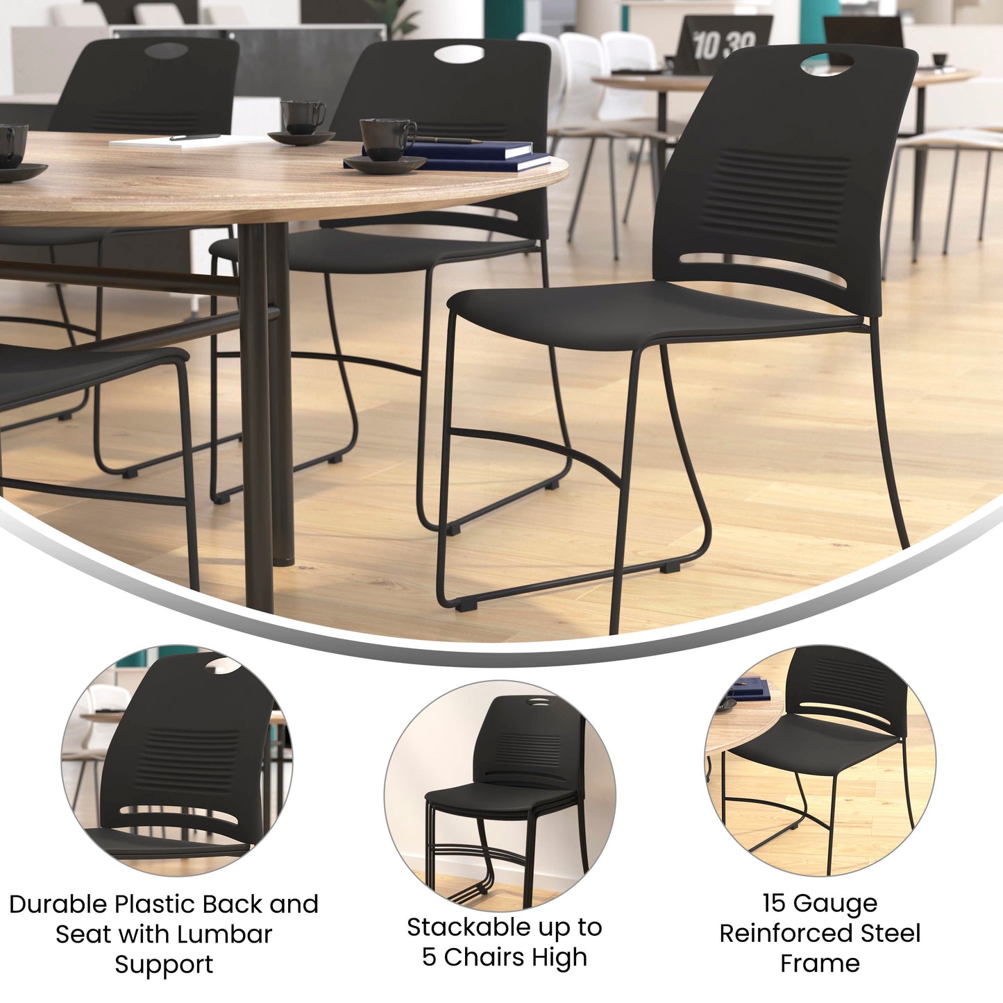 HERCULES Series Commercial Grade 660 lb. Capacity Black Plastic Stack Chair with Black Powder Coated Sled Base Frame and Integrated Carrying Handle Black