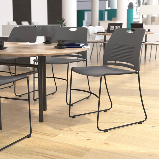 HERCULES Series Commercial Grade 660 lb. Capacity Gray Plastic Stack Chair with Black Powder Coated Sled Base Frame and Integrated Carrying Handle Gray
