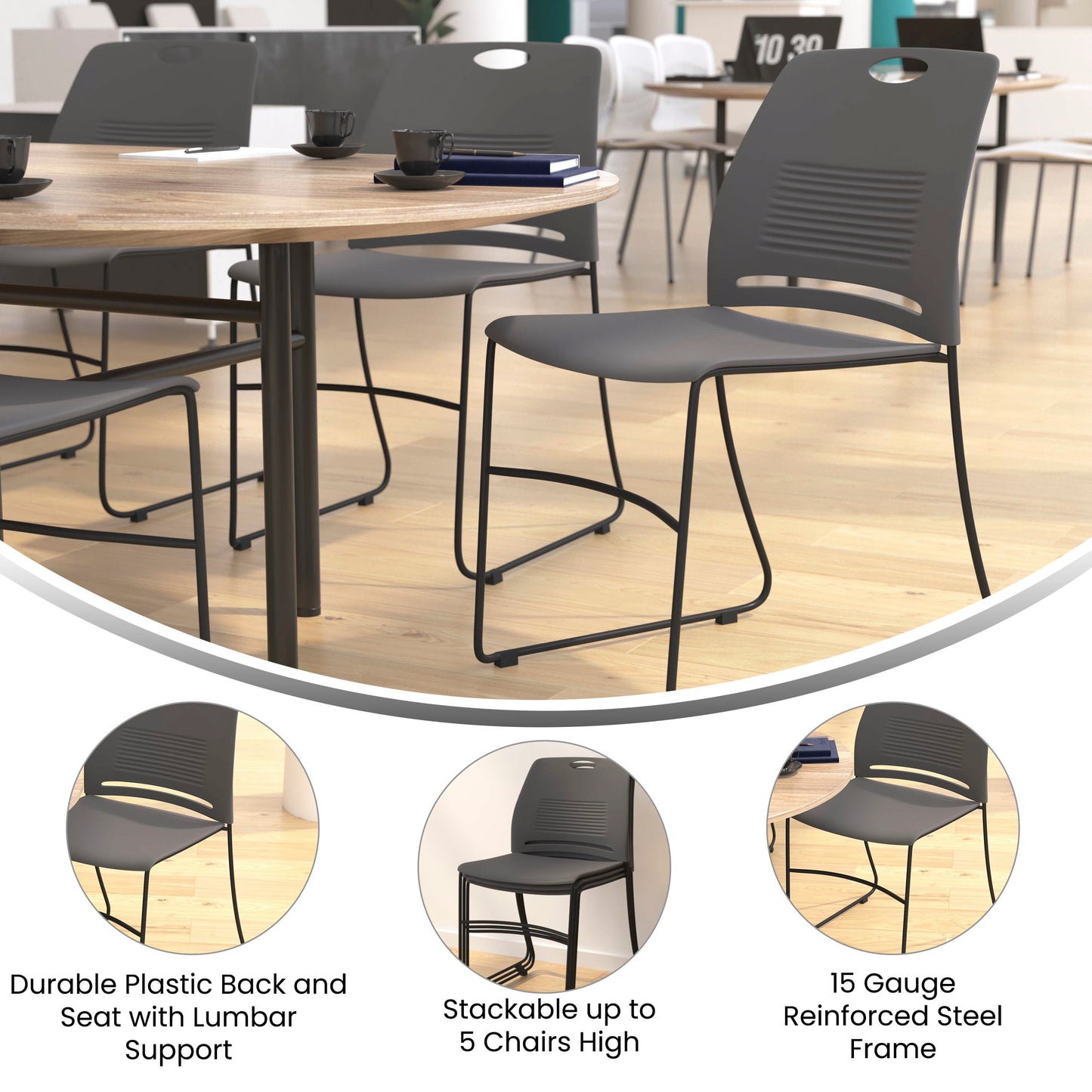 HERCULES Series Commercial Grade 660 lb. Capacity Gray Plastic Stack Chair with Black Powder Coated Sled Base Frame and Integrated Carrying Handle Gray