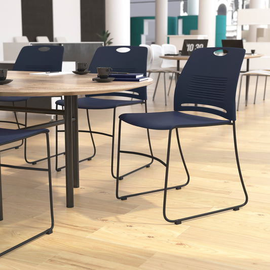 HERCULES Series Commercial Grade 660 lb. Capacity Navy Plastic Stack Chair with Black Powder Coated Sled Base Frame and Integrated Carrying Handle Navy