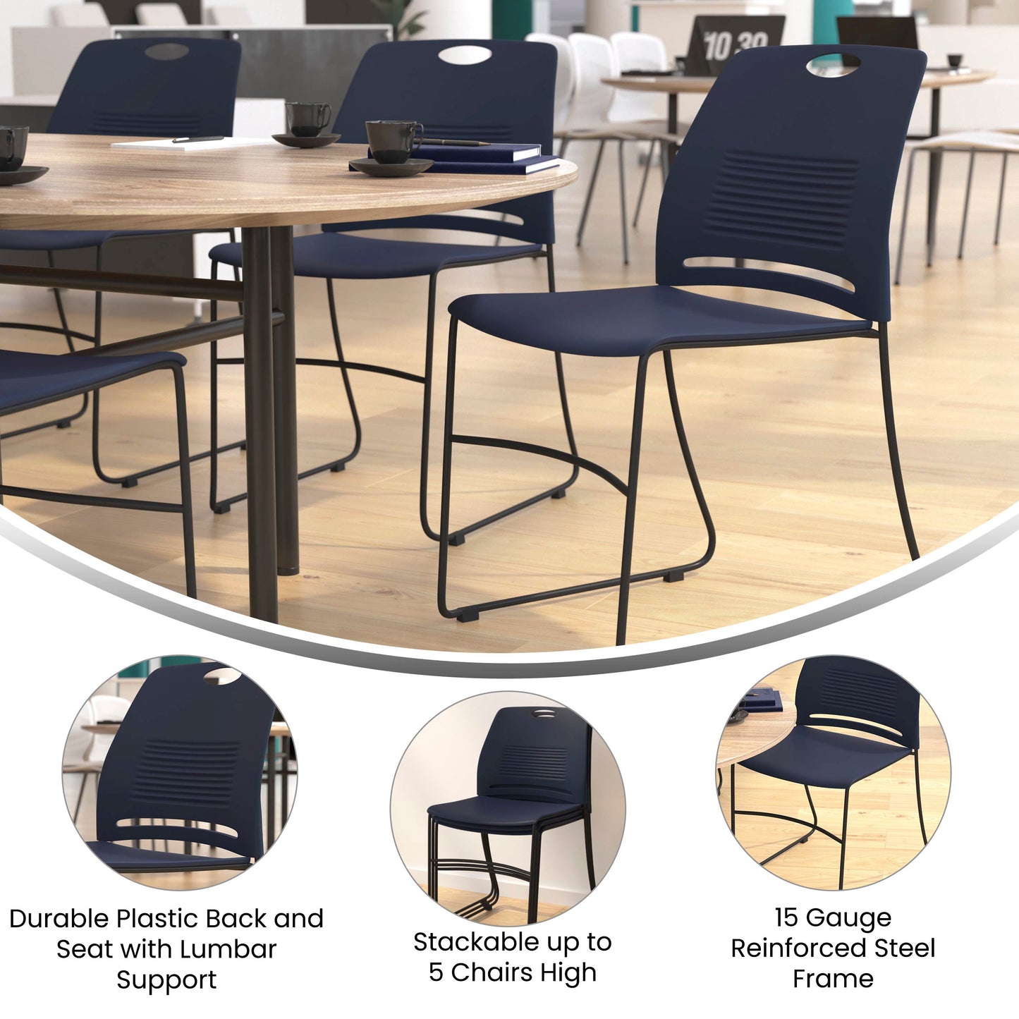 HERCULES Series Commercial Grade 660 lb. Capacity Navy Plastic Stack Chair with Black Powder Coated Sled Base Frame and Integrated Carrying Handle Navy
