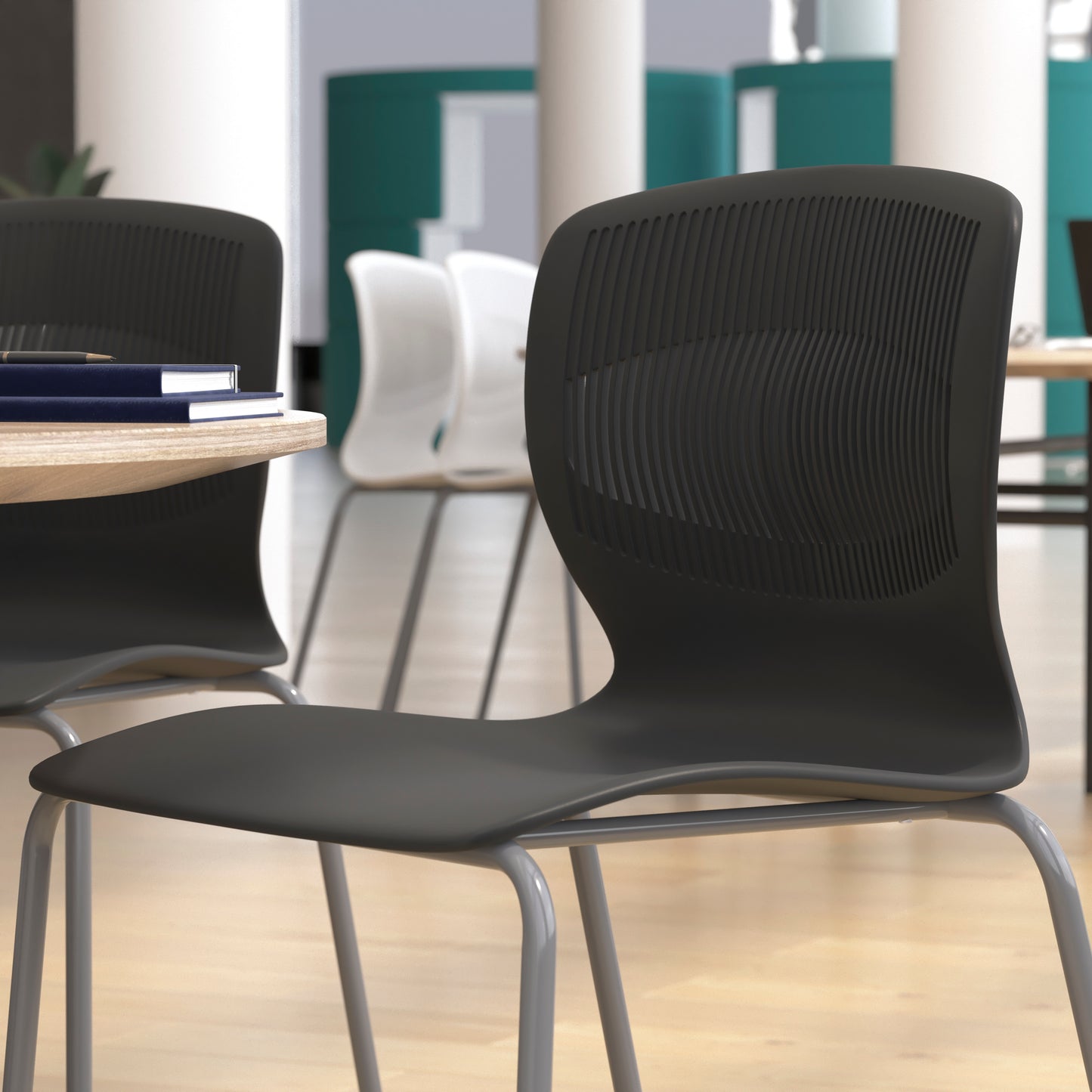 HERCULES Series Commercial Grade 770 lb. Capacity Ergonomic Stack Chair with Lumbar Support and Silver Steel Frame - Black Black